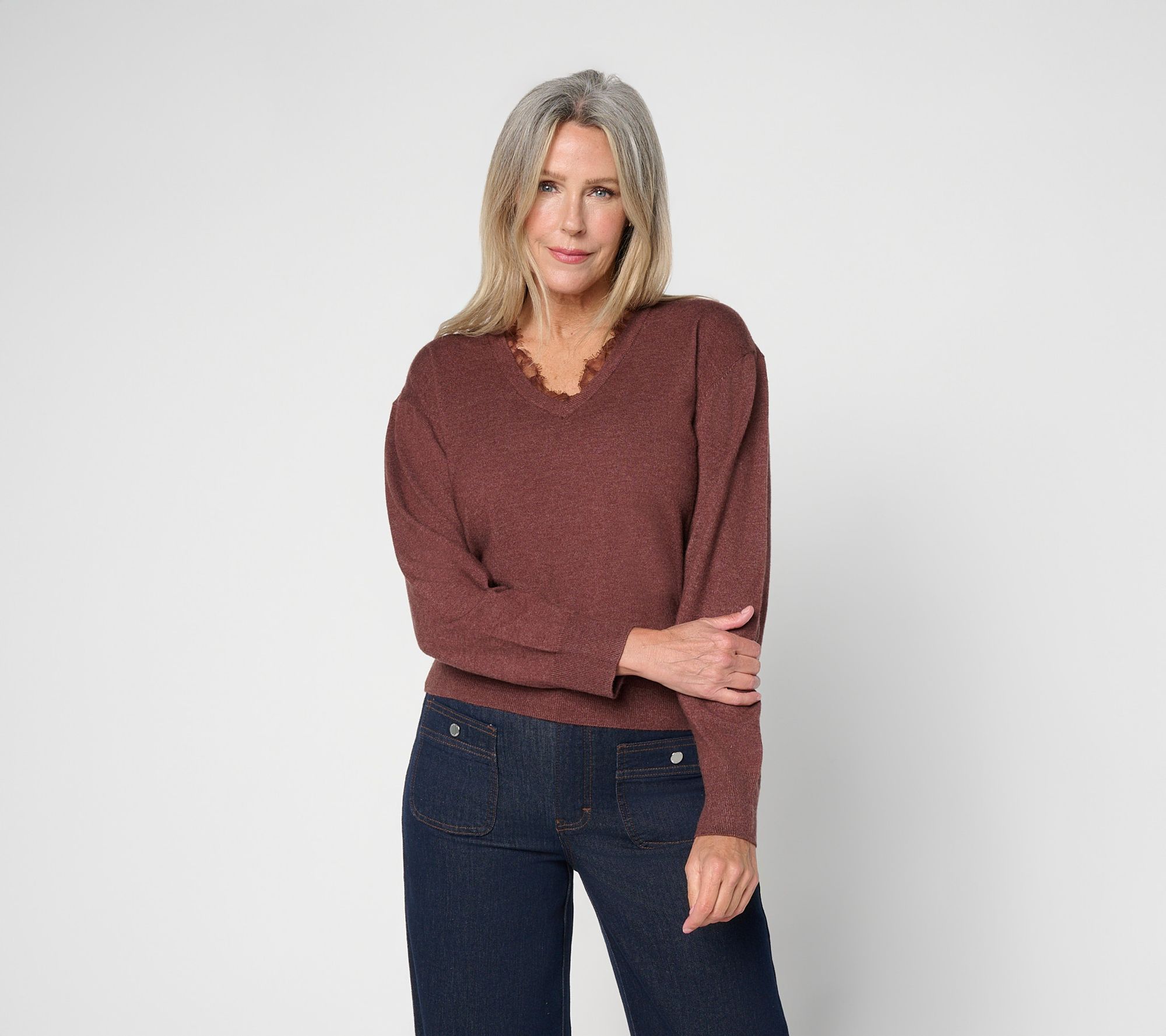 RM Studio x Rebecca Minkoff Lace Trim V-Neck Sweater