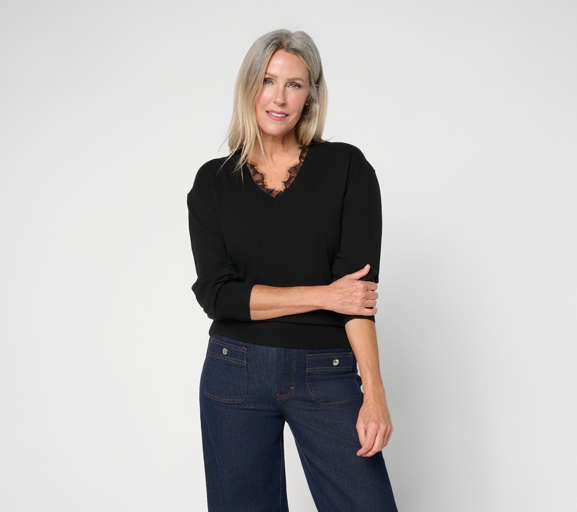 RM Studio x Rebecca Minkoff Lace Trim V-Neck Sweater
