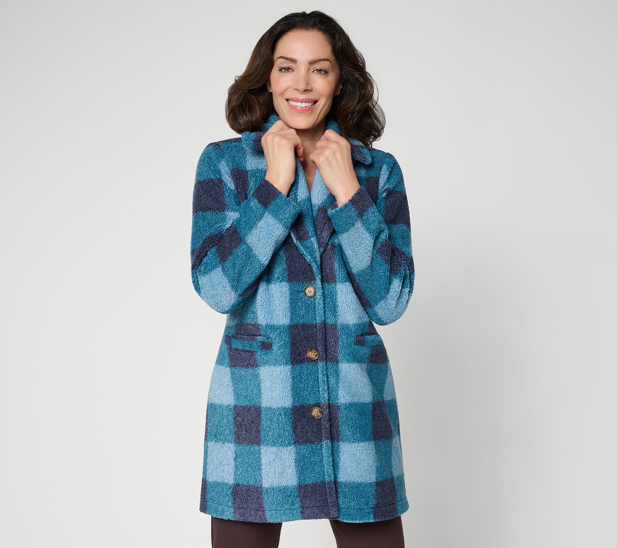 Joan Rivers Petite Buffalo Check Button Front Sherpa Coat