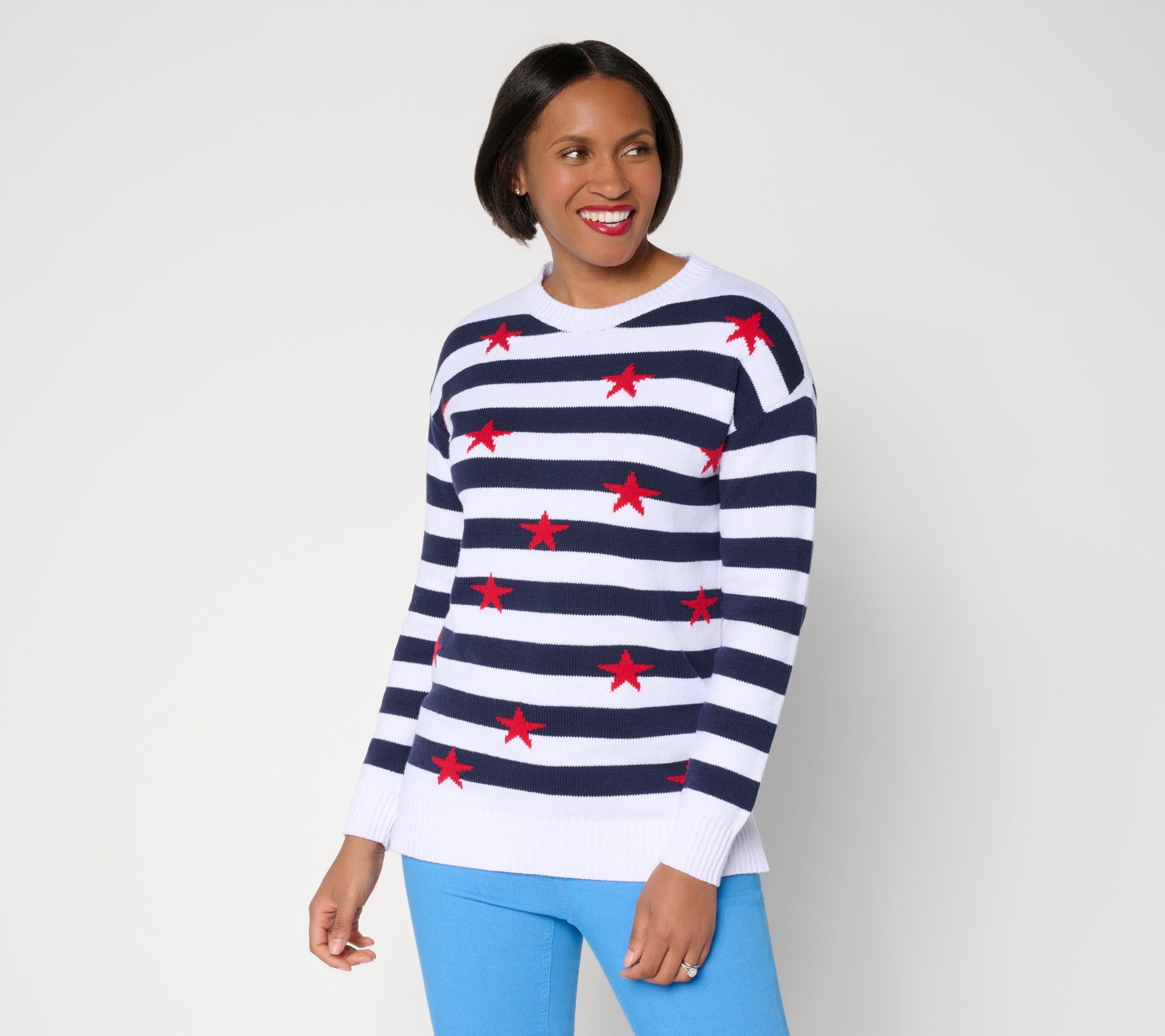 "As Is" Denim & Co. Striped Americana Long Sleeve Sweater