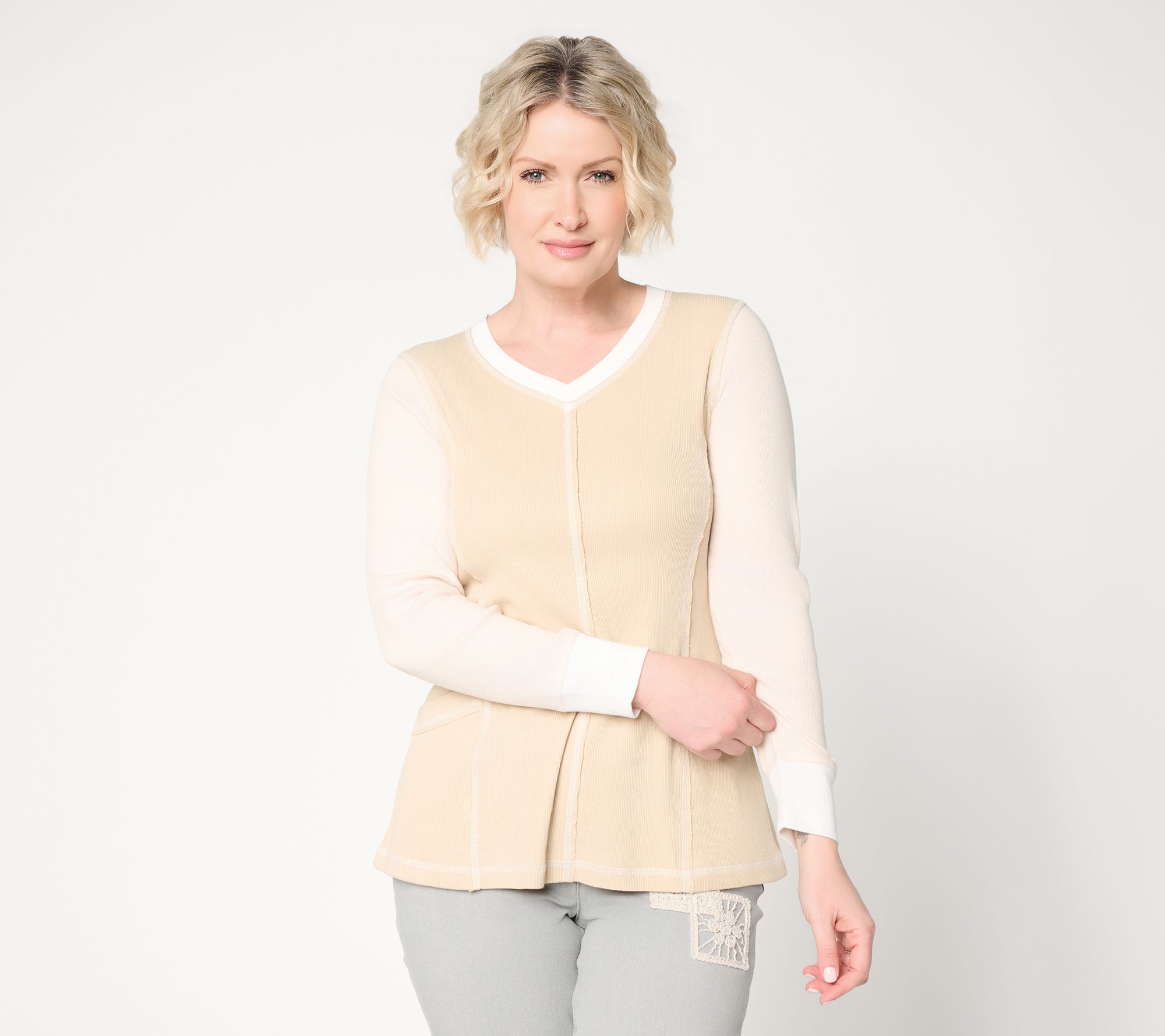 "As Is" LOGO by Lori Goldstein Color Block V-Neck Ribbed Top