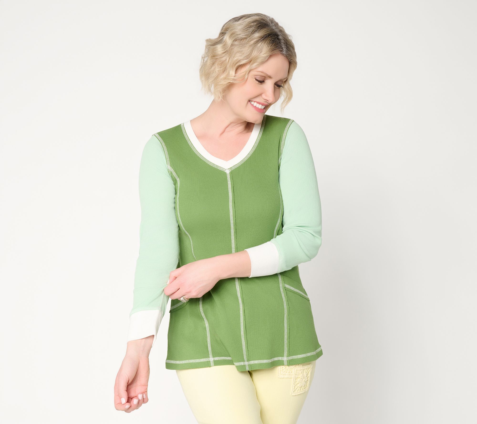 "As Is" LOGO by Lori Goldstein Color Block V-Neck Ribbed Top