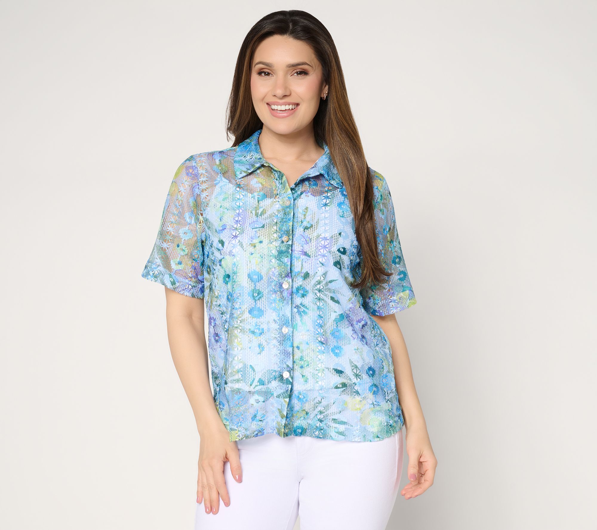 "As Is" Susan Graver Printed Lace Button Front Camp Shirt