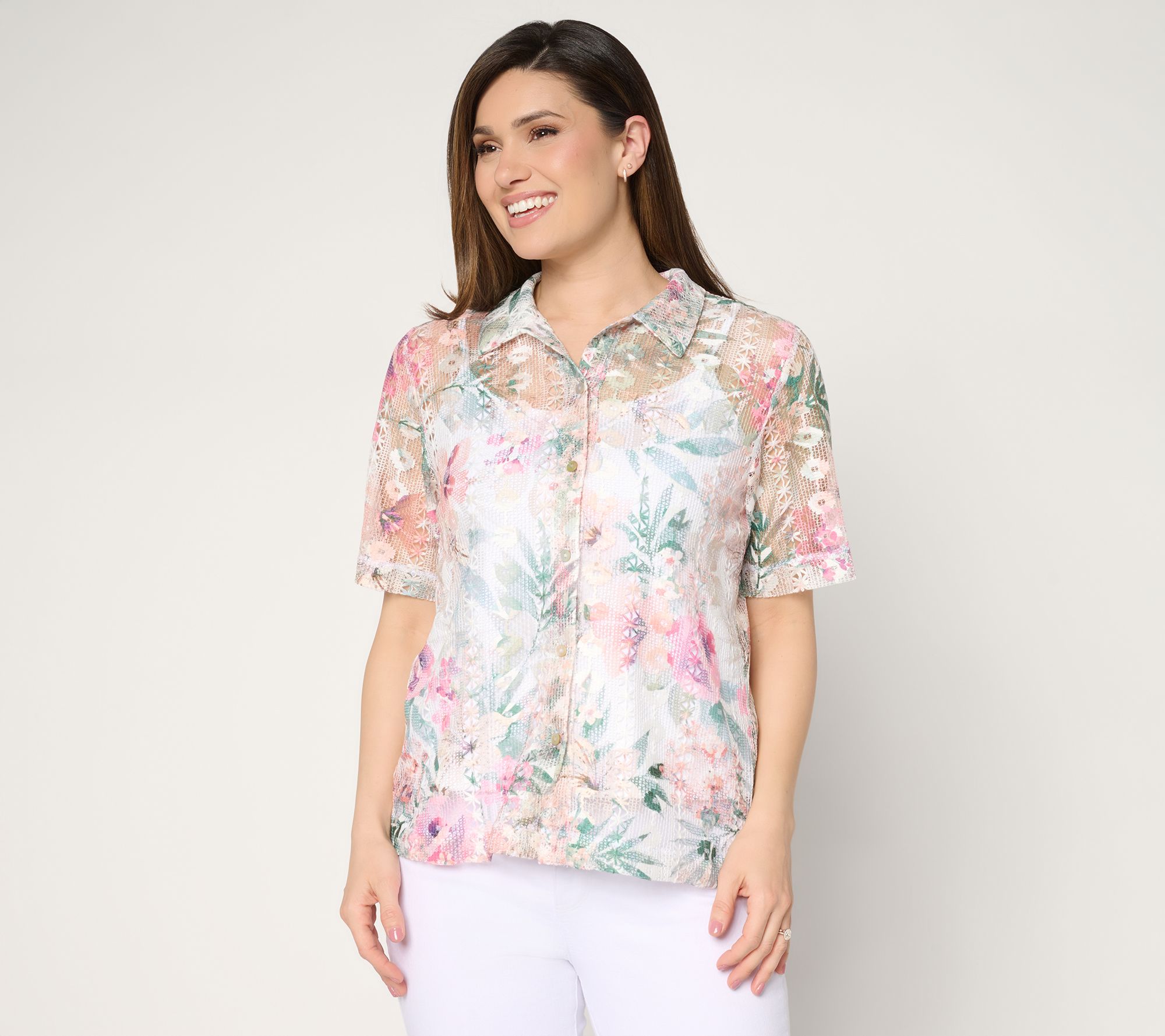 "As Is" Susan Graver Printed Lace Button Front Camp Shirt