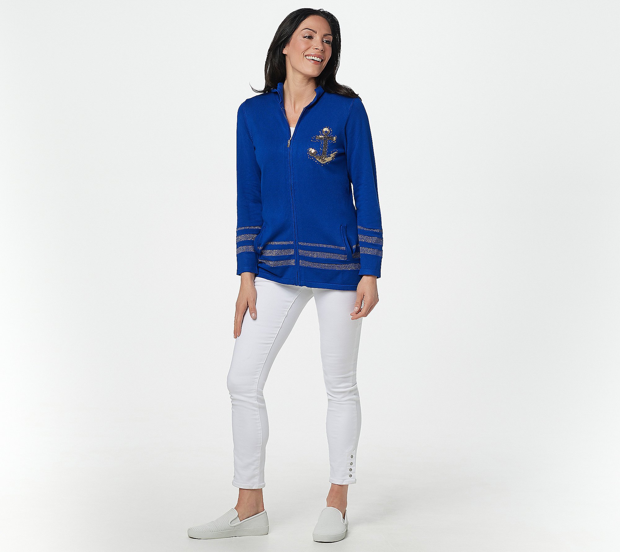 Quacker Factory NWOT Quacker Factory XS Sequin Sweater Jacket Zip Cardigan Blue Jewel Zipper NEW 