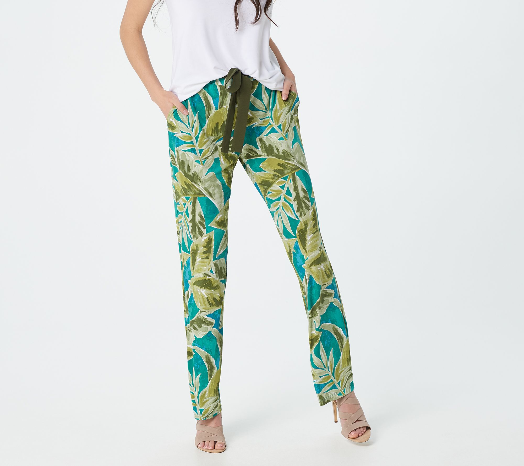 As Is Susan Graver Regular Printed Liquid Knit Belted Pull-On Pants