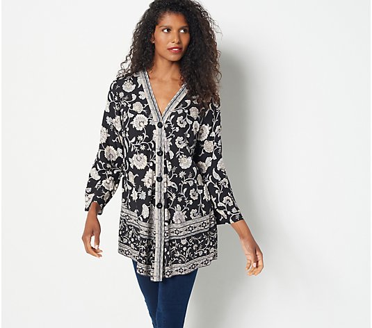 Susan Graver Petite Printed 3/4-Sleeve Button-Front Woven Cardigan