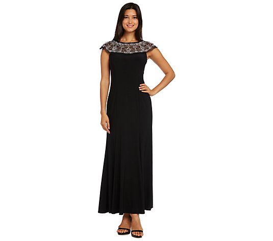 R&M Richards Maxi Gown with Sheer, Beaded Cap Sleeves