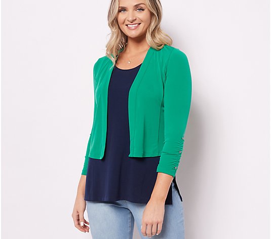 Susan Graver Liquid Knit Ruched Sleeve Shrug with Button Detail