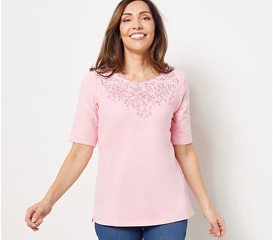Quacker Factory Tonal Floral Embroidered Elbow Sleeve Top