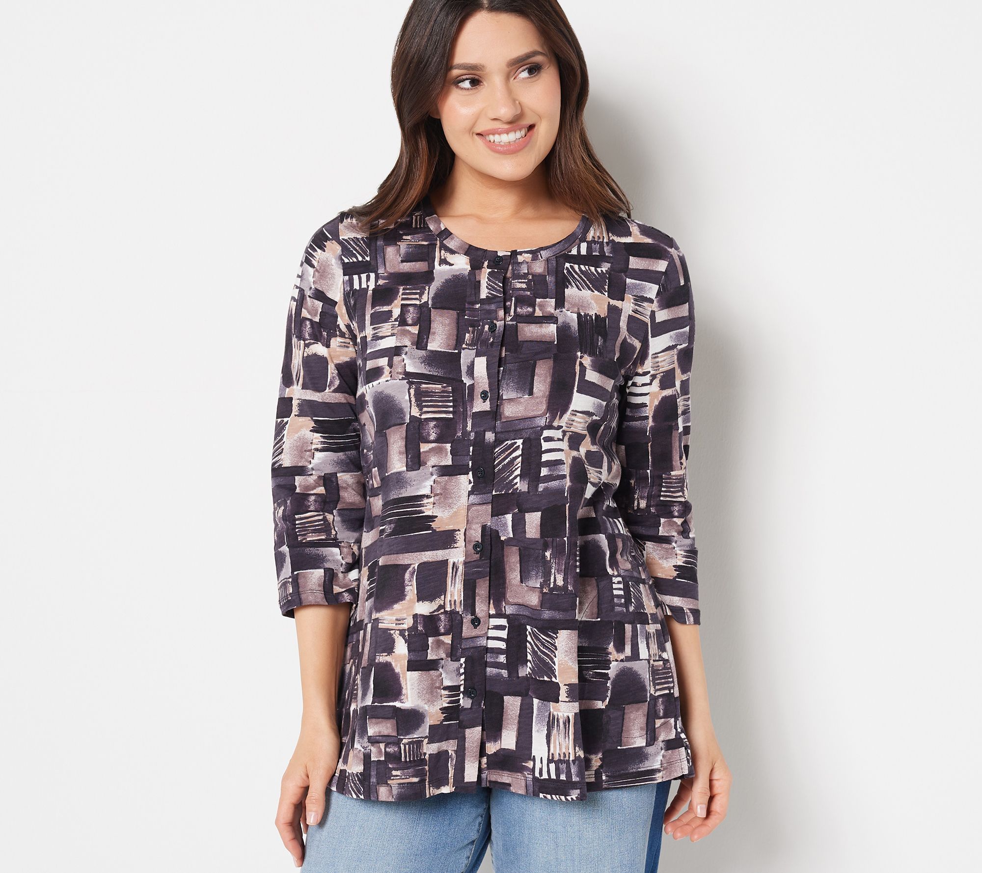 LOGO by Lori Goldstein Printed Cotton Slub 3/4 Sleeve Cardigan