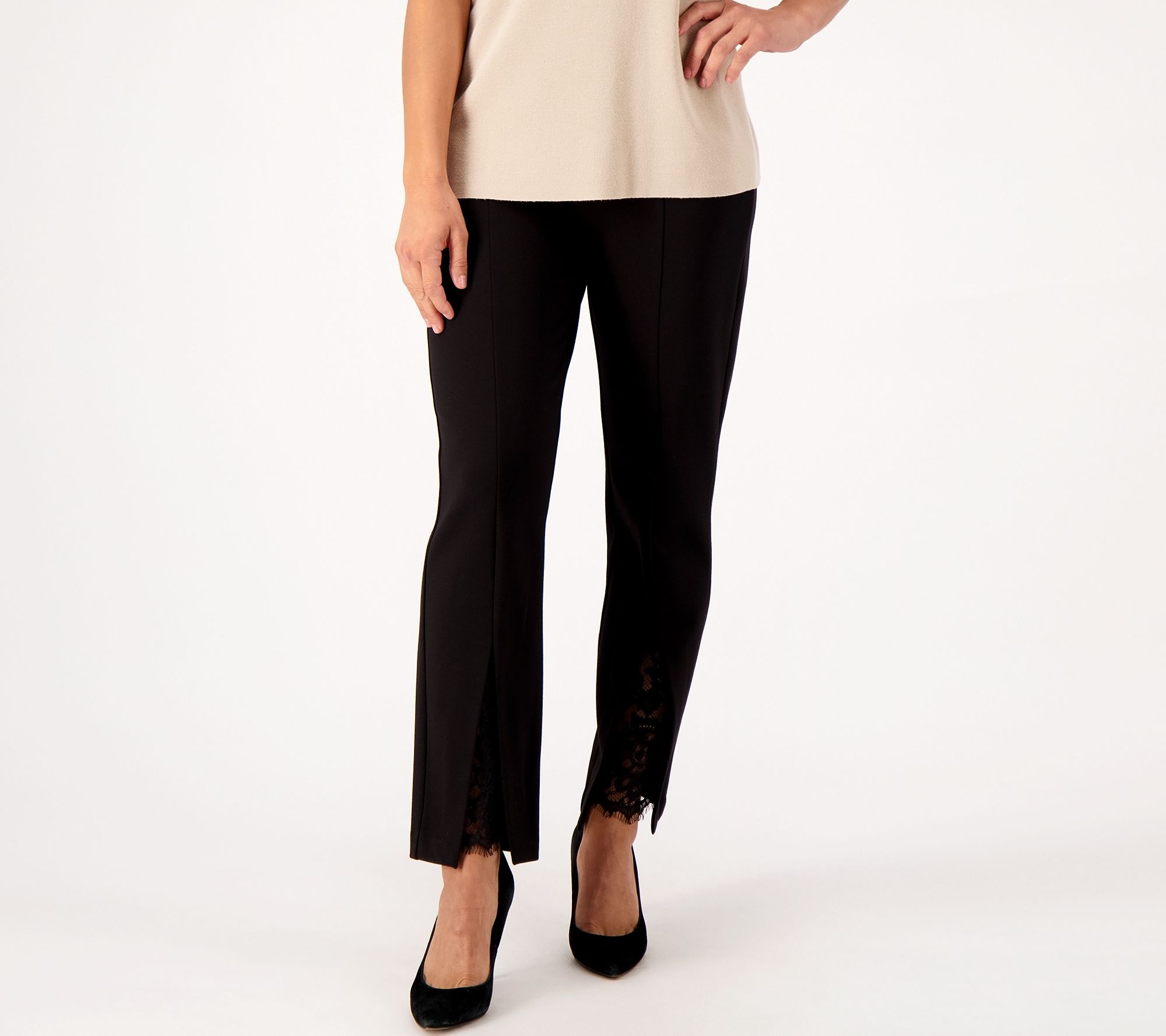 Susan Graver Occasions Petite Ponte Slim Leg Pants w/Lace Inset