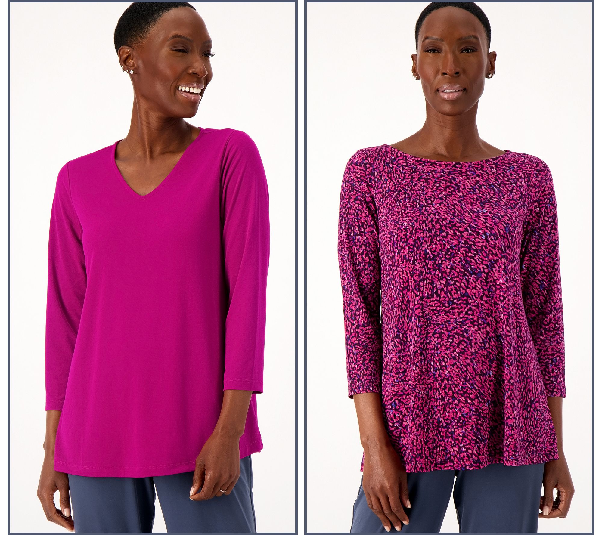 Susan Graver Set of 2 Print & Solid Liquid Knit A-Line Tops