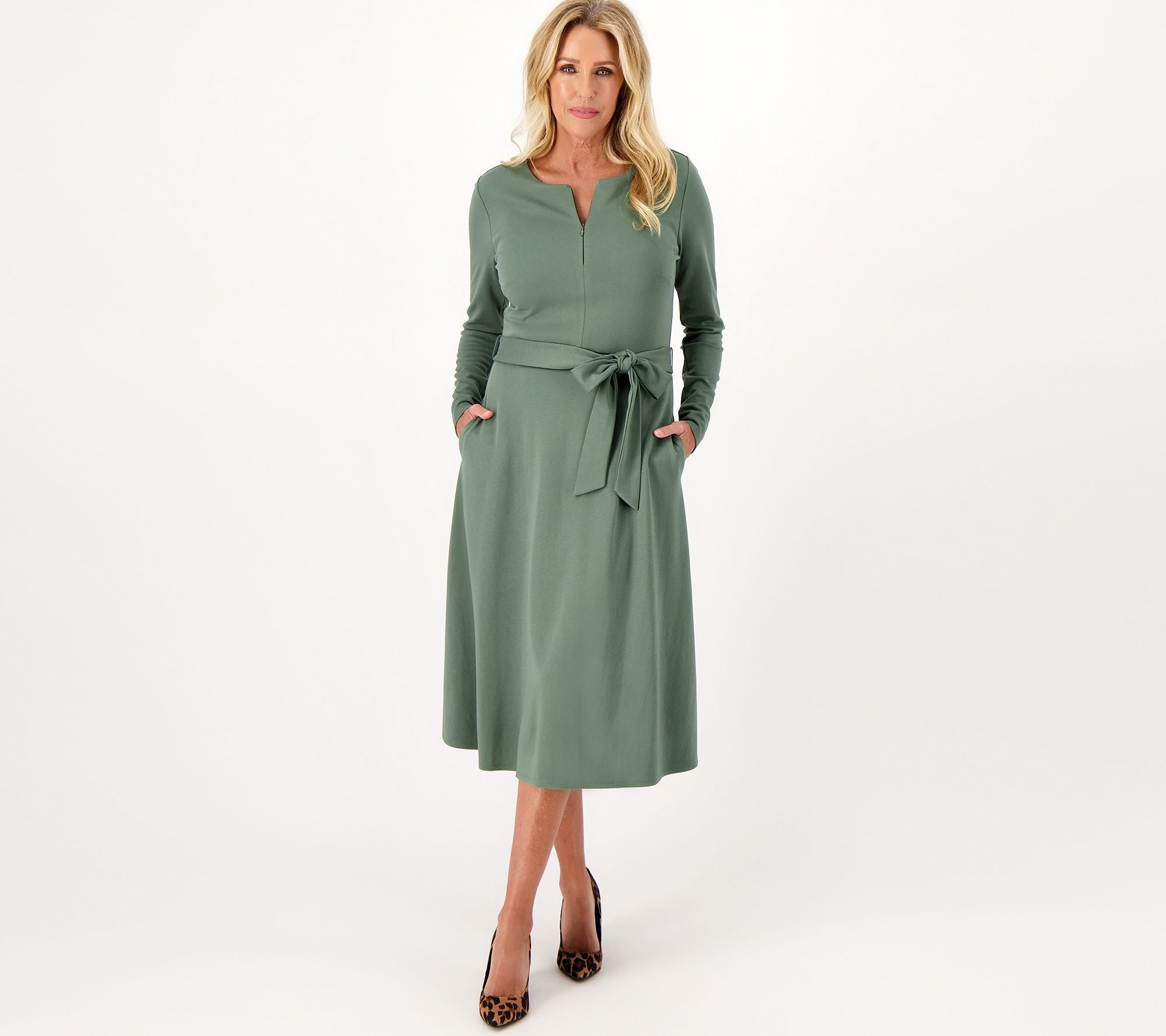 "As Is" Girl With Curves Zip Front Ponte Regular Midi Dress