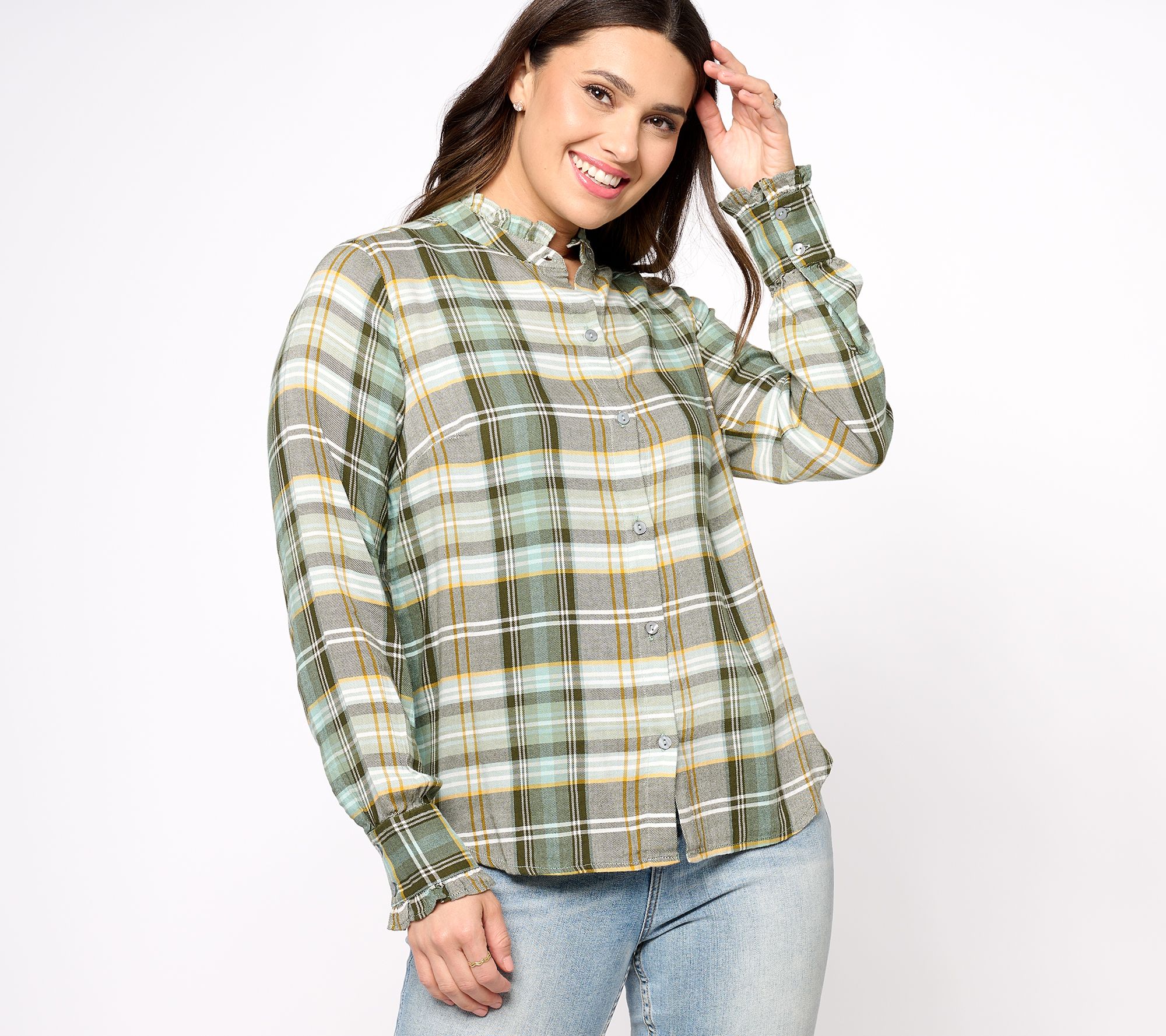 Encore by Idina Menzel Semi-Fitted Ruffle Trimmed Plaid Blouse