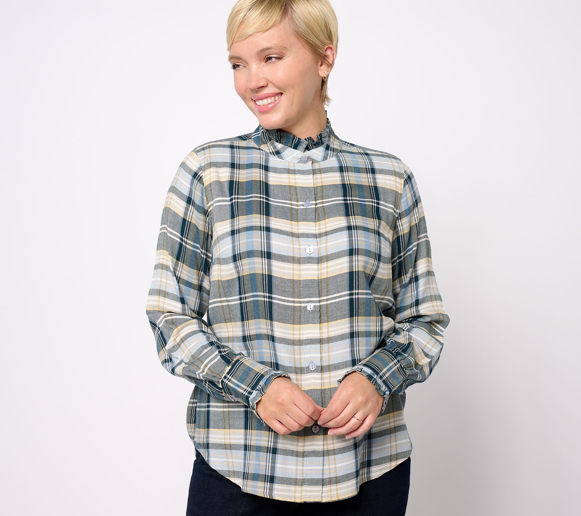 Encore by Idina Menzel Semi-Fitted Ruffle Trimmed Plaid Blouse