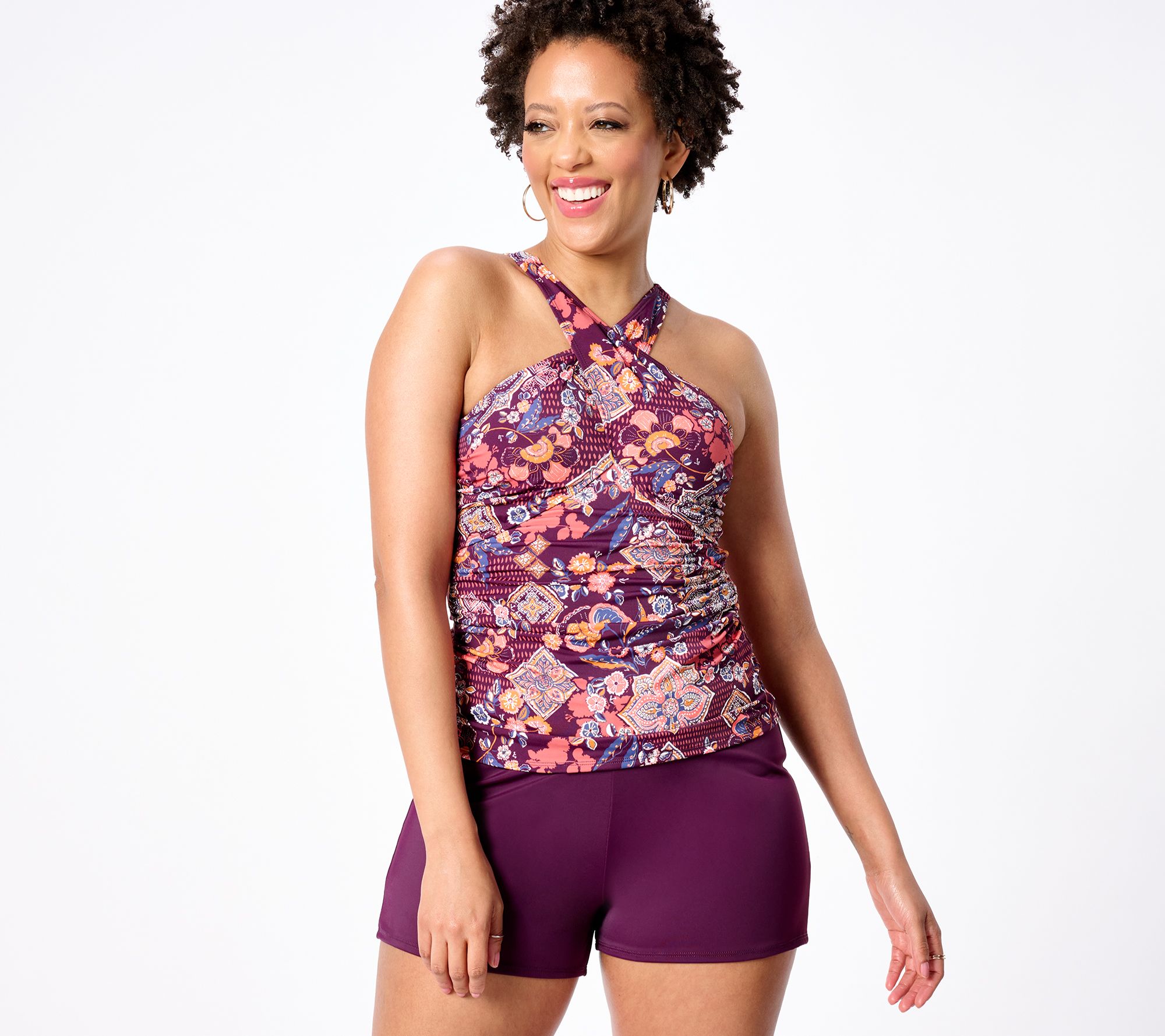 Denim & Co. Beach Asymmetrical Tankini with Swim Shorts 