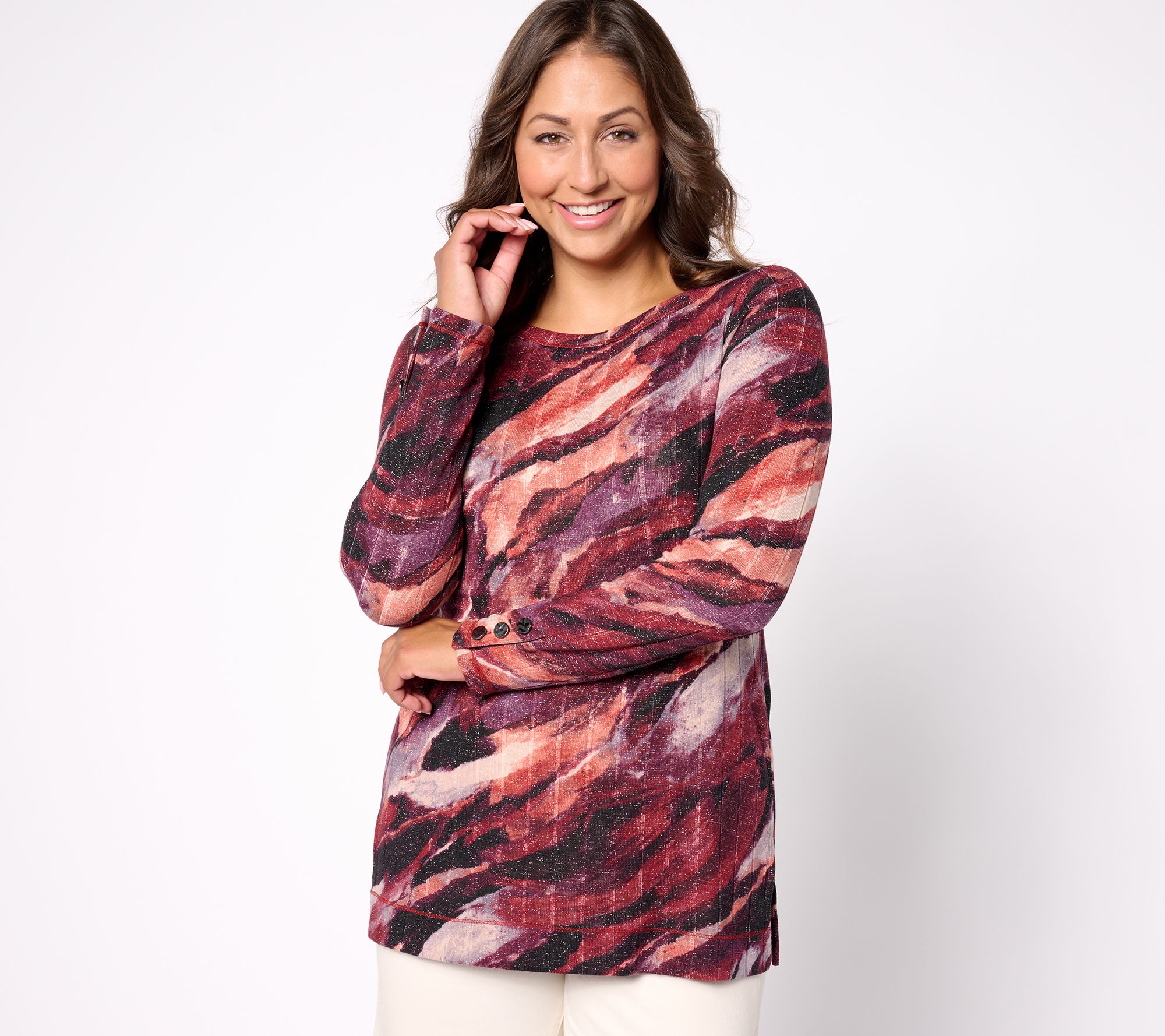 Susan Graver Weekend Petite Metallic Knit Button Detailed Tunic