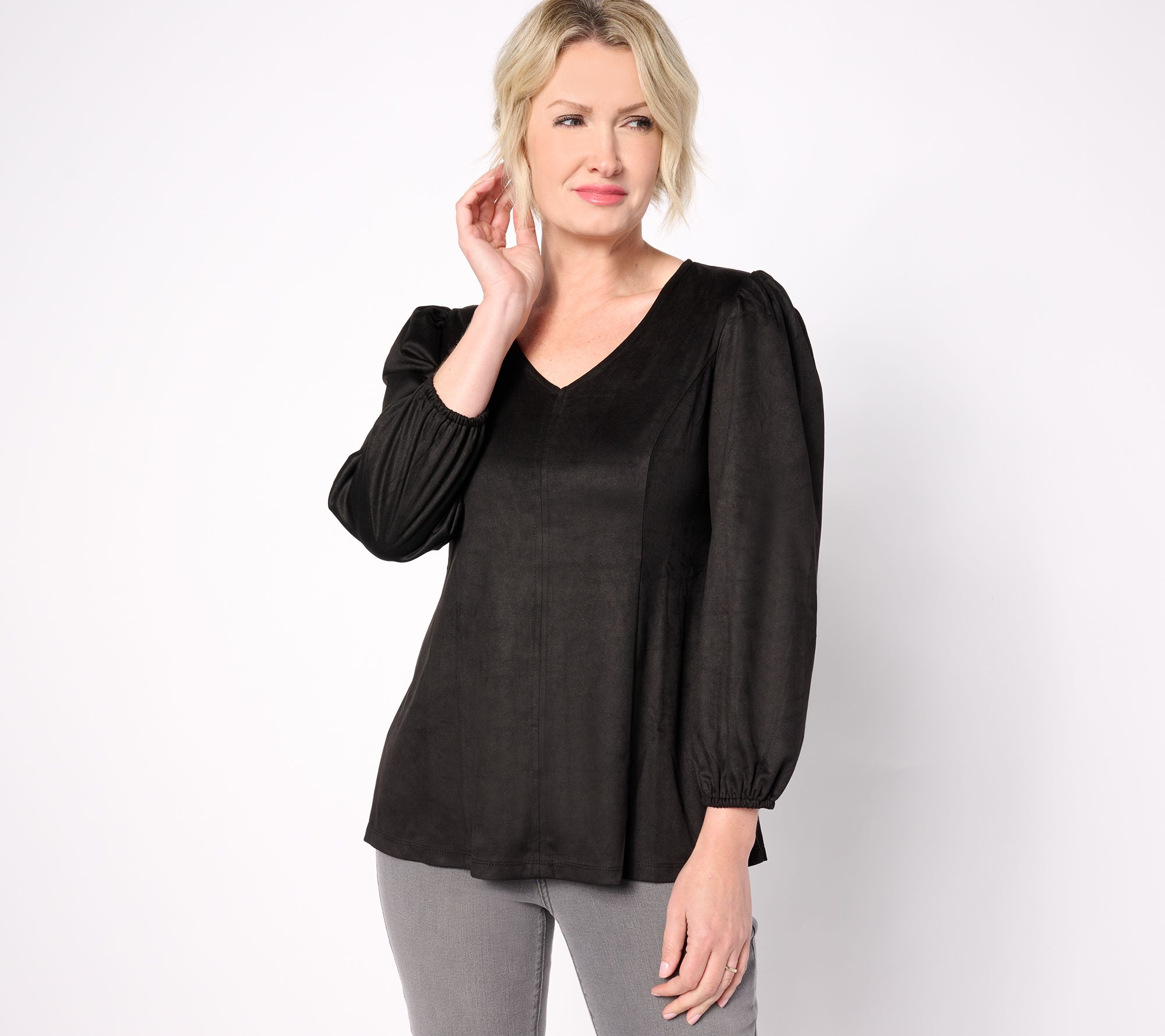 Susan Graver Faux Suede V-Neck Fit-and-Flare 3/4-Sleeve Top