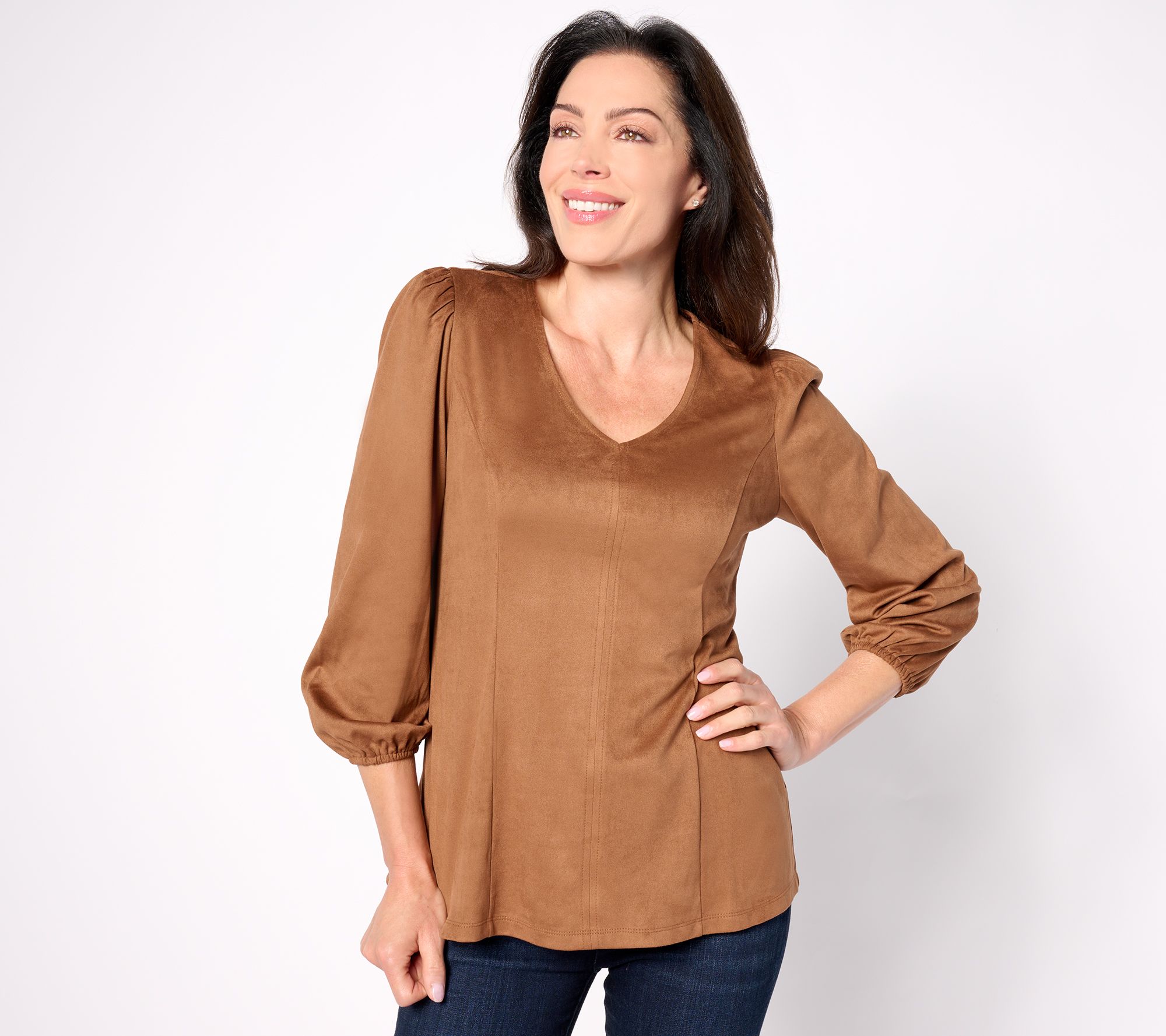 Susan Graver Faux Suede V-Neck Fit-and-Flare 3/4-Sleeve Top