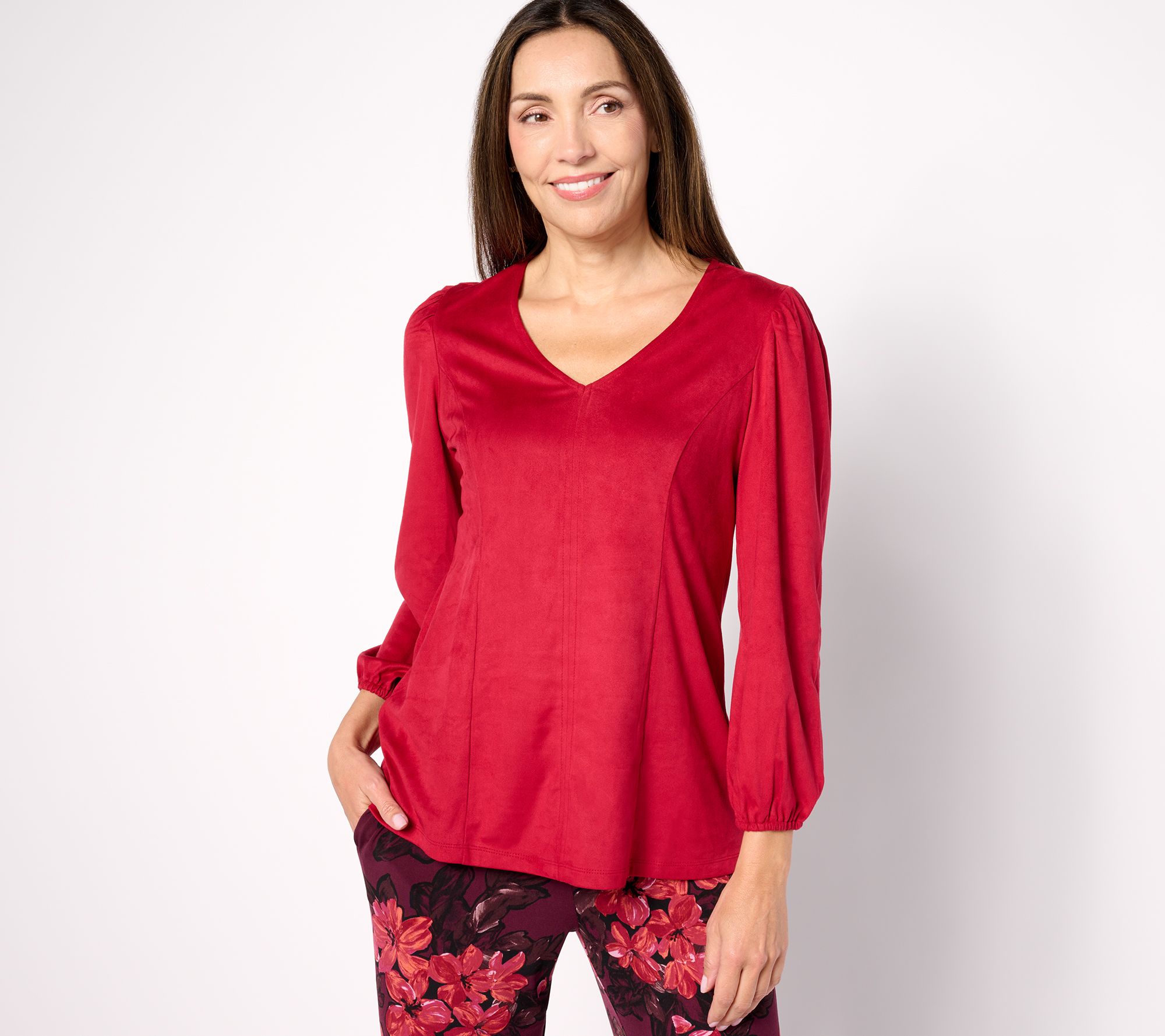 Susan Graver Faux Suede V-Neck Fit-and-Flare 3/4-Sleeve Top