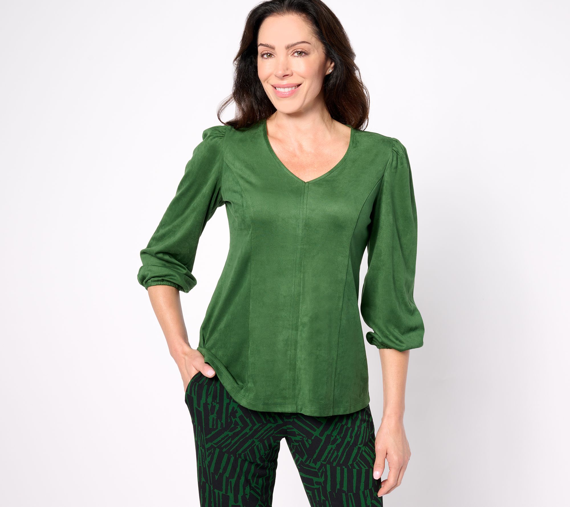 Susan Graver Faux Suede V-Neck Fit-and-Flare 3/4-Sleeve Top