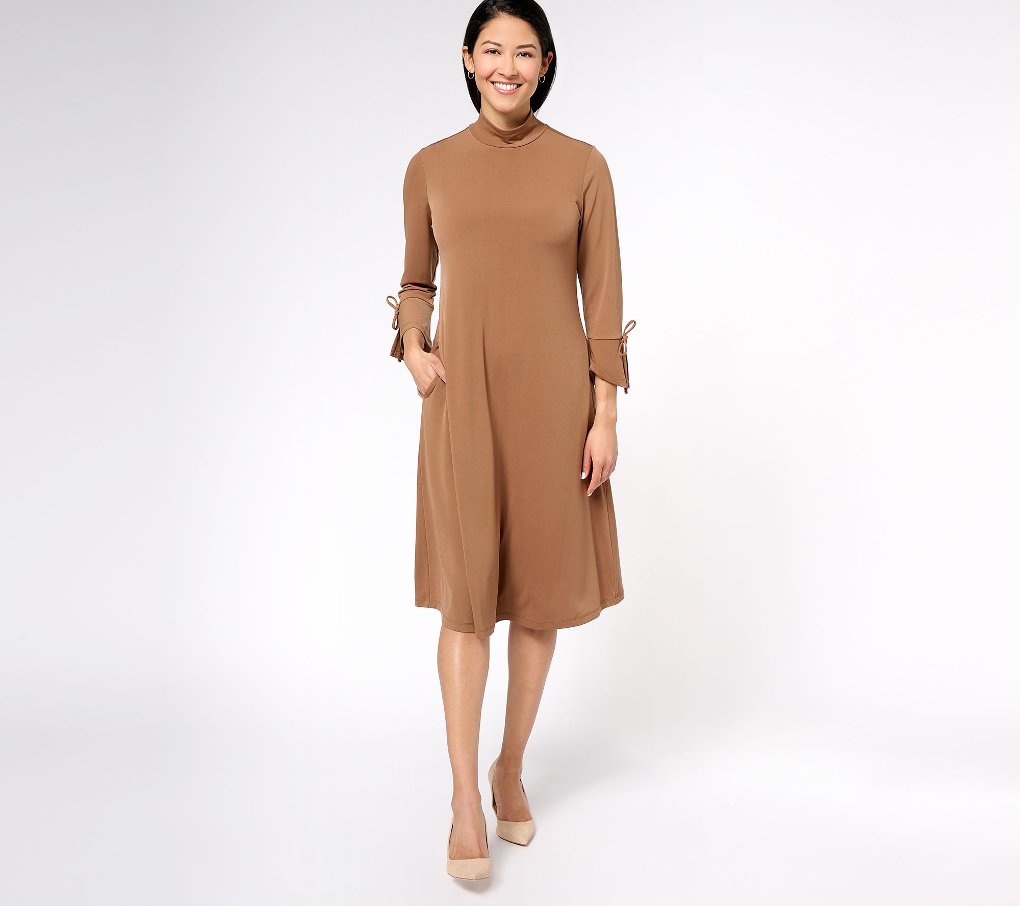 "As Is" Susan Graver Petite Liquid Knit Mock Neck Midi Dress w/ Tie