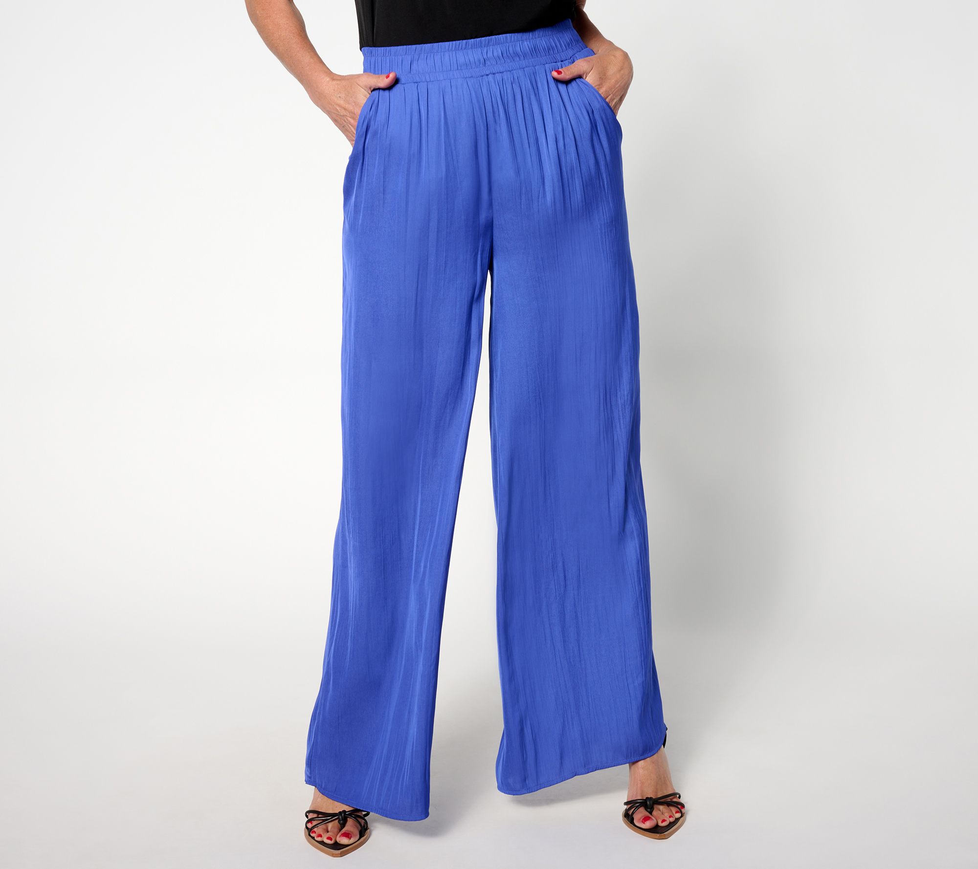 Isaac Mizrahi Live! Petite Crinkle Satin Flowy Wide Leg Pants