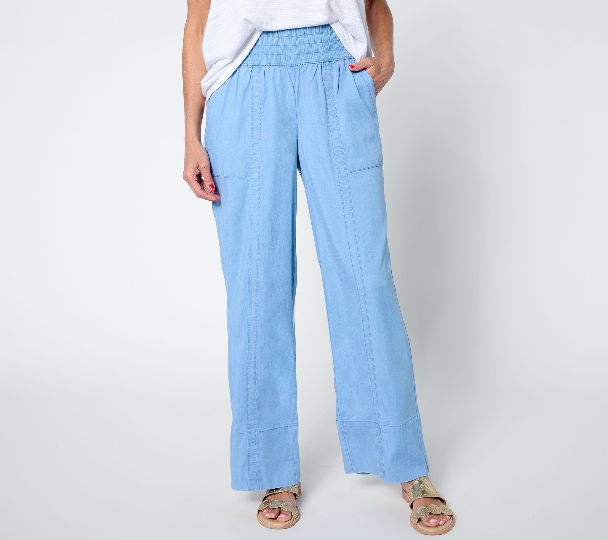 AnyBody Petite Drapey Denim Full Length Pull-On Pants