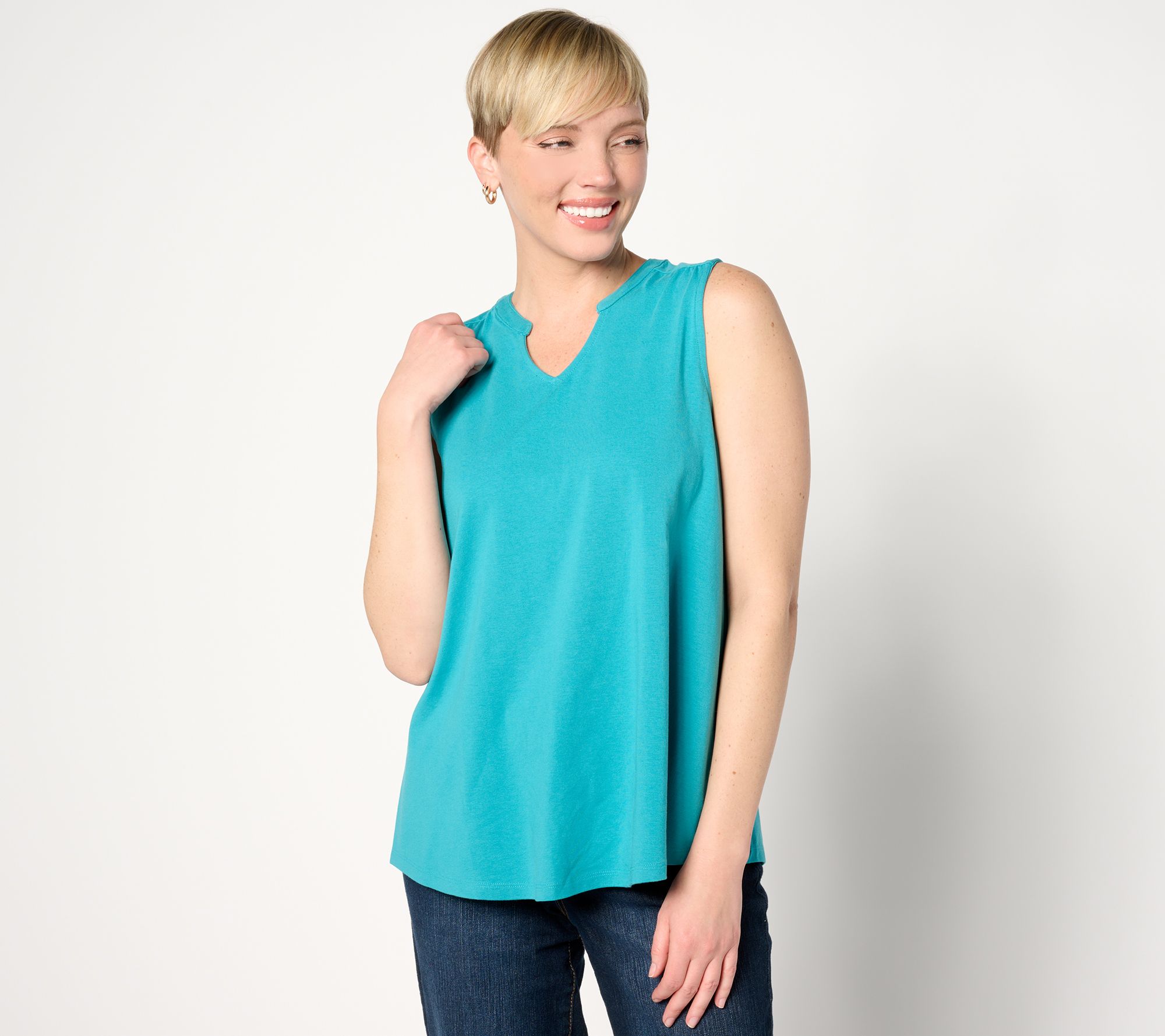 "As Is" Denim & Co. Essentials Favorite Jersey Split Neck Swing Tank
