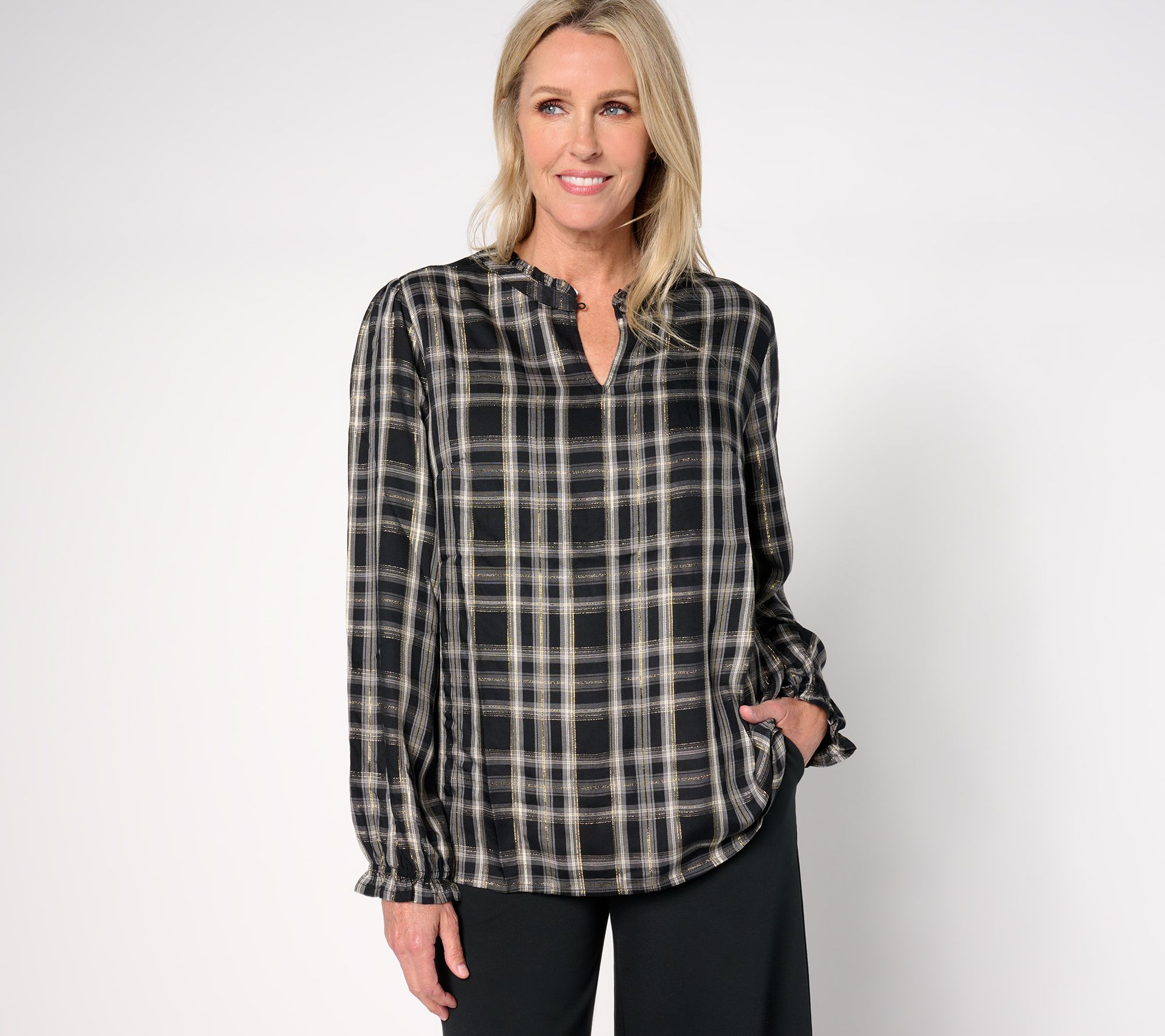 Denim & Co. Plaid Print Lurex Top with Bias Trim