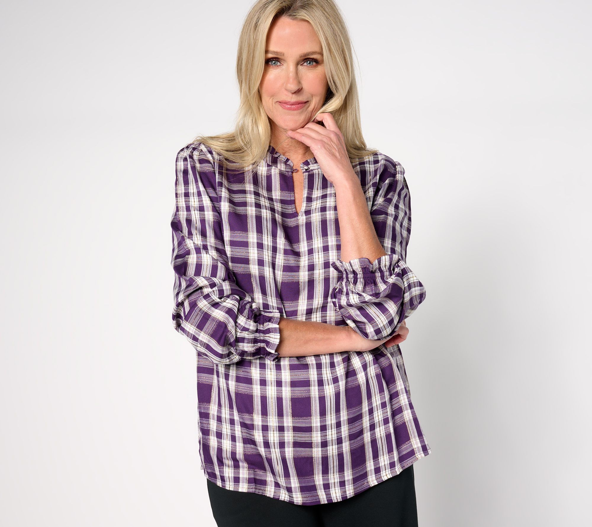 Denim & Co. Plaid Print Lurex Top with Bias Trim