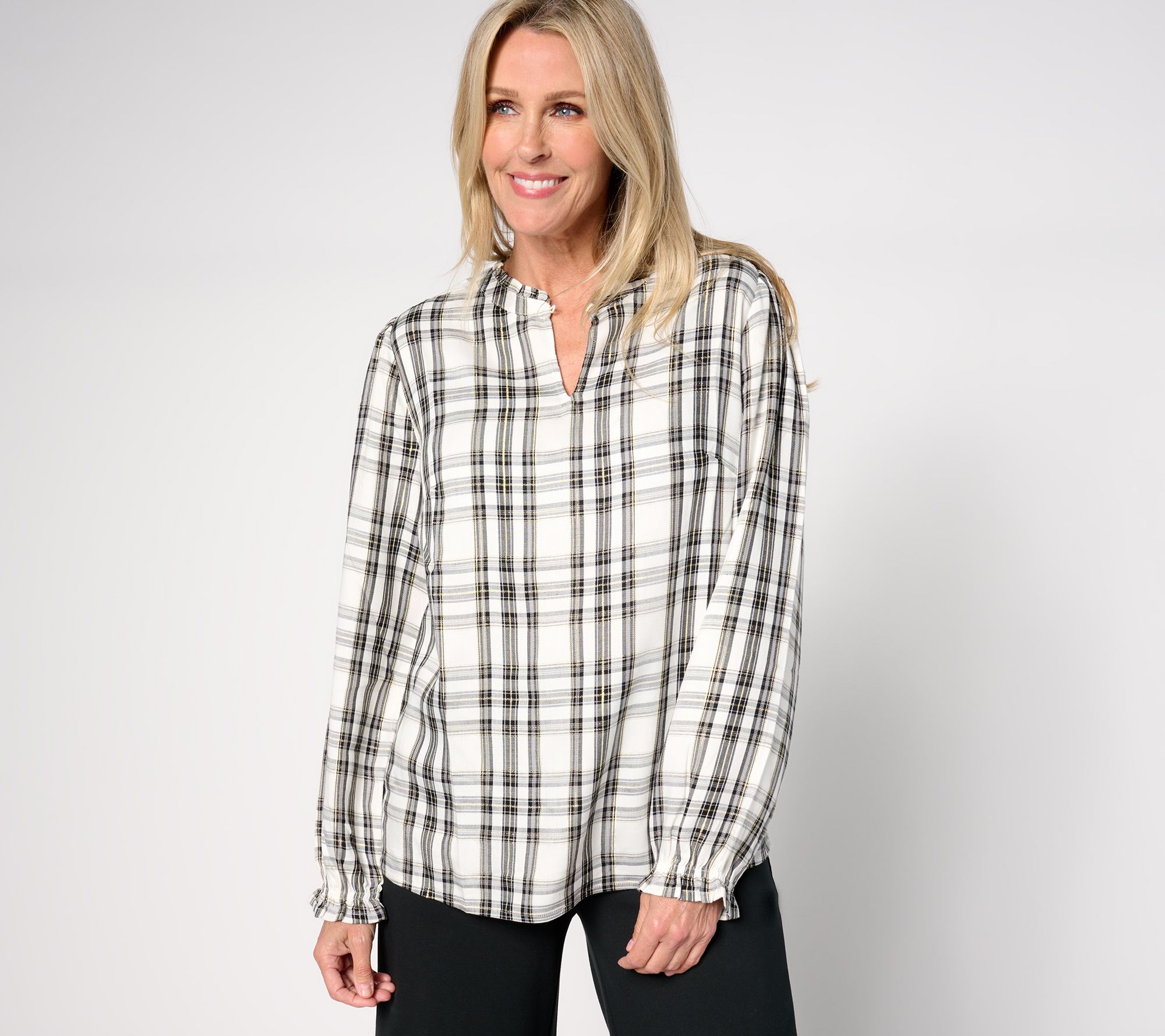 Denim & Co. Plaid Print Lurex Top with Bias Trim