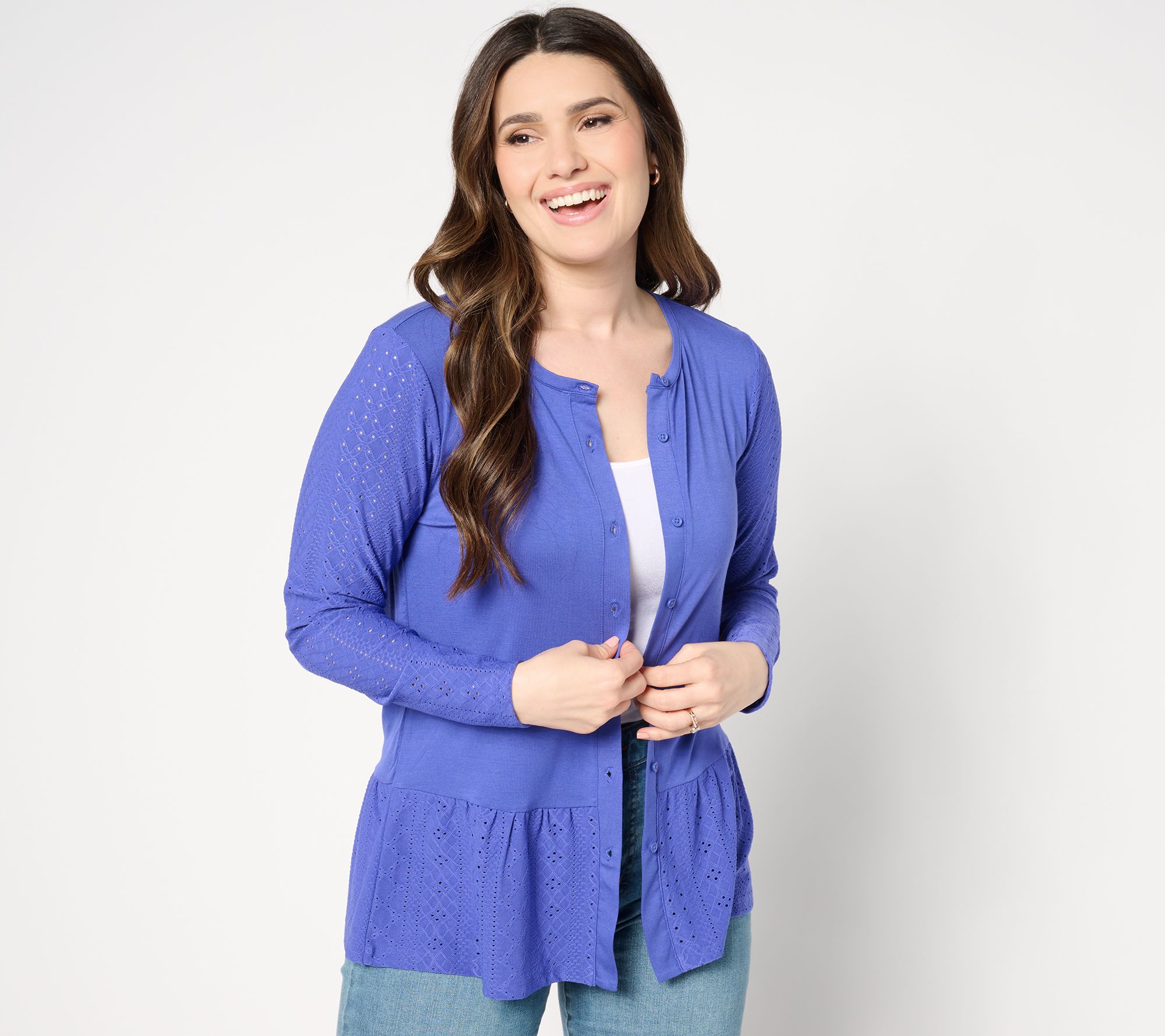 "As Is" LOGO Layers by Lori Goldstein Long Sleeve Cardigan with Eyelet