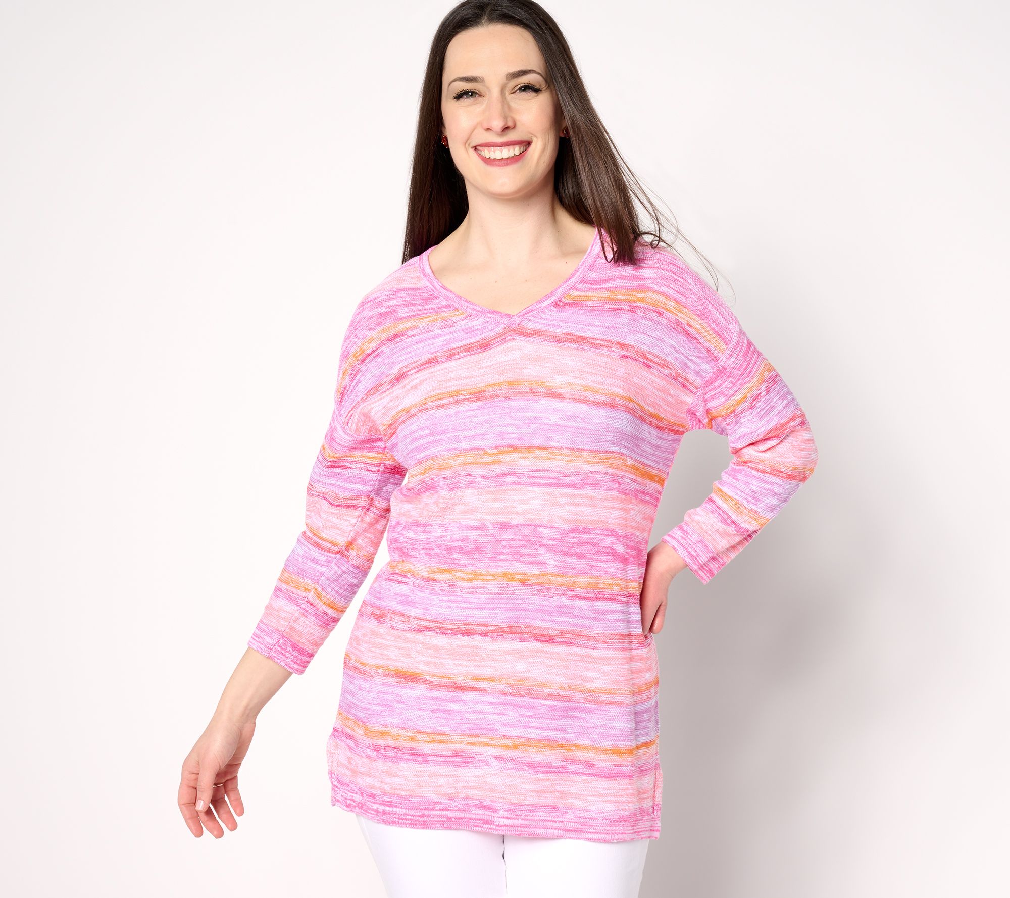 "As Is" Denim & Co. Striped V-Neck 3/4 Sleeve Sweater