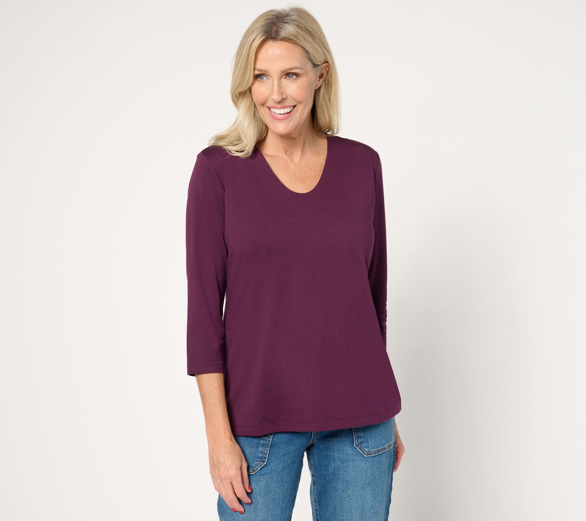 Denim & Co. Essentials Luxe Jersey 3/4 Sleeve V-Neck Top