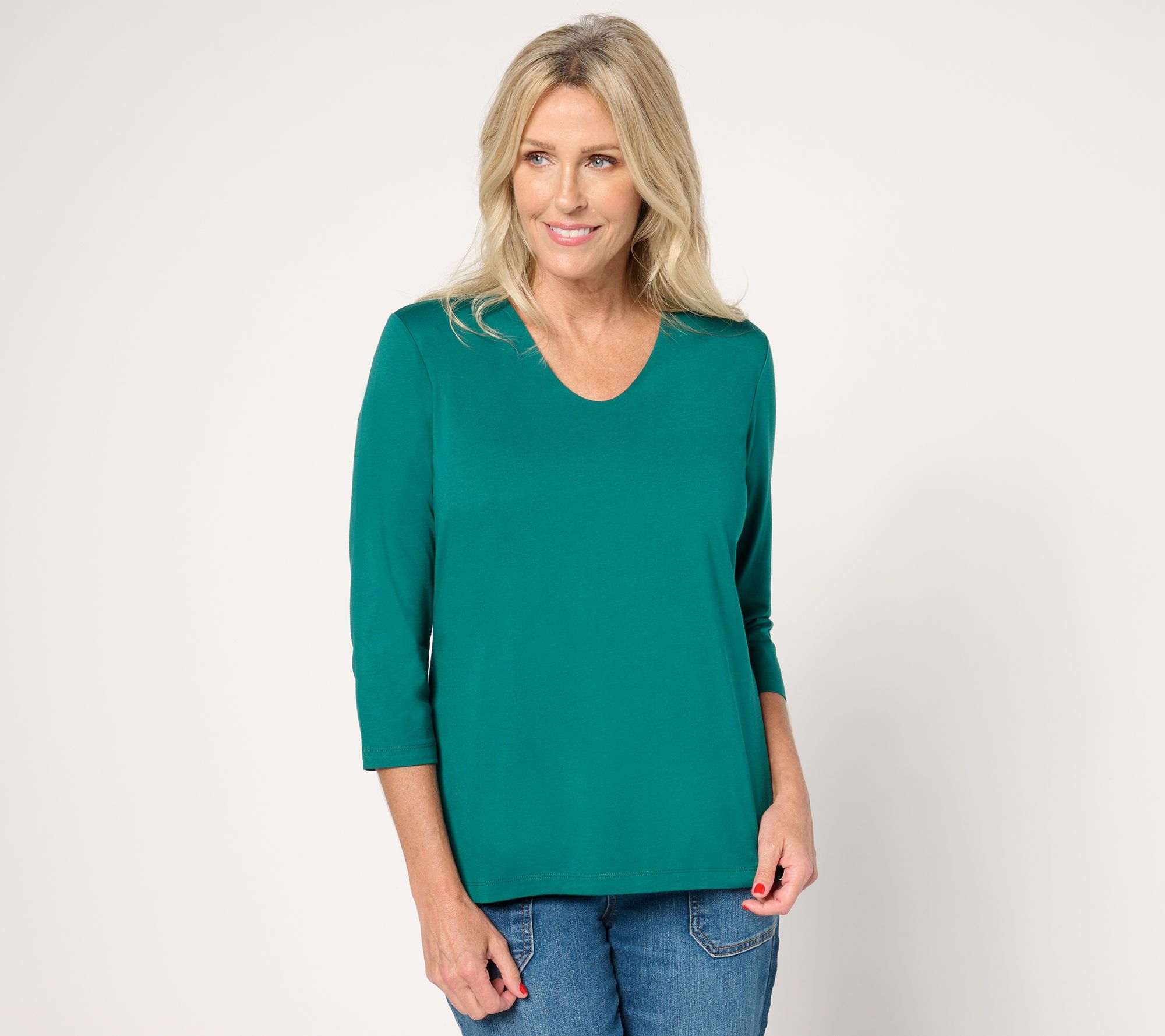 Denim & Co. Essentials Luxe Jersey 3/4 Sleeve V-Neck Top