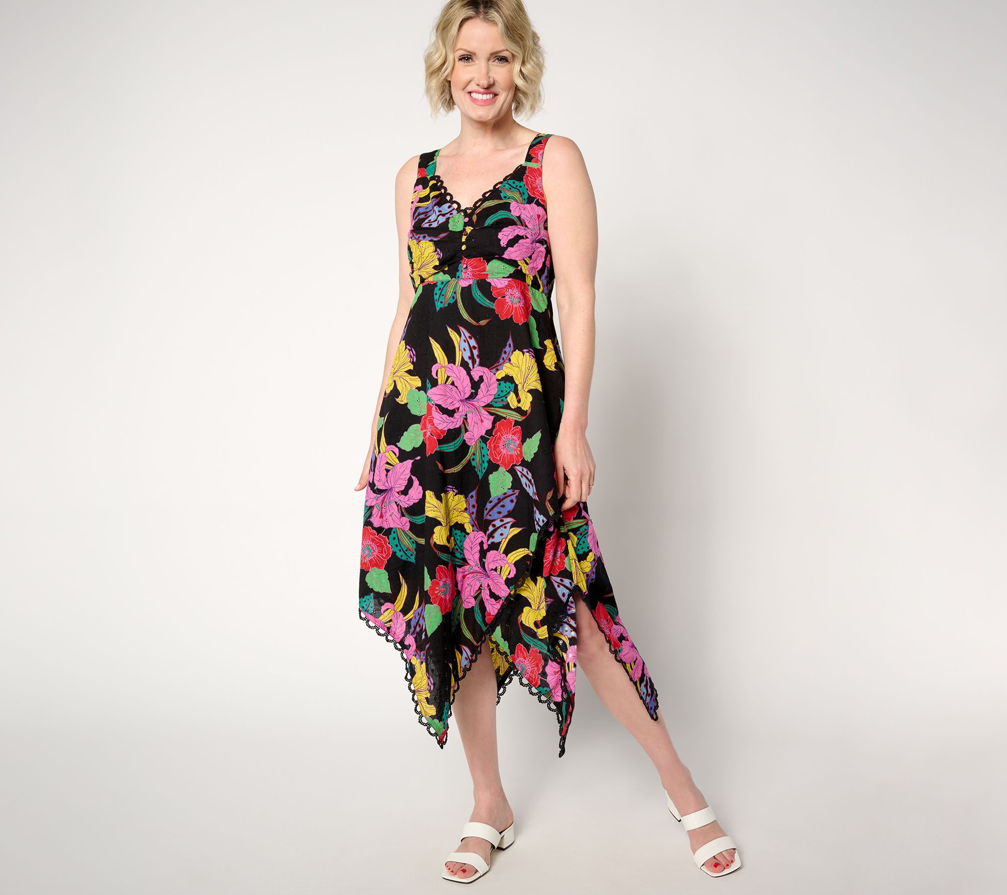 "As Is" GRAVER Susan Graver Petite Printed Eyelet Hem Dress