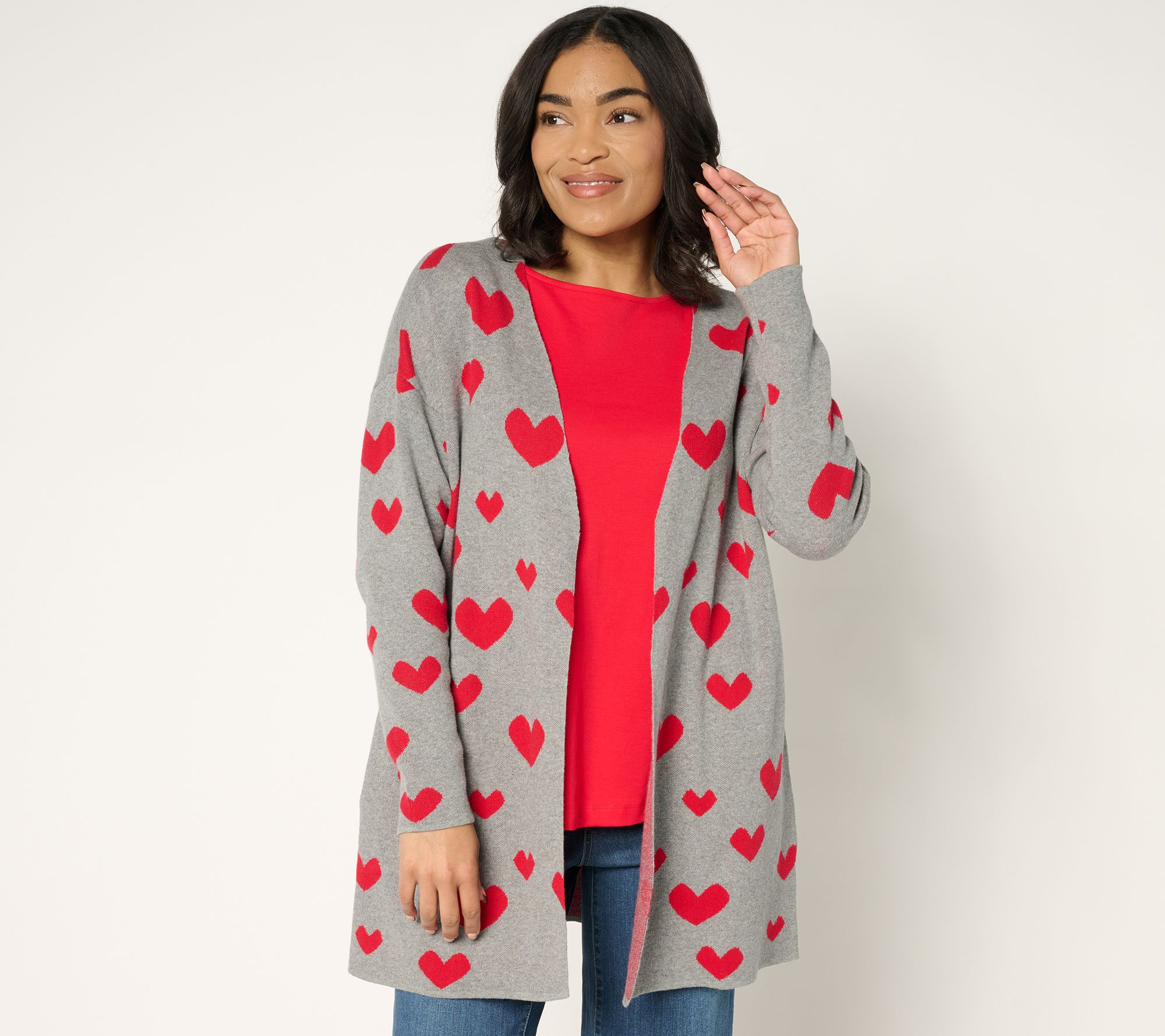 Driftwood Jeans Heart Intarsia Cardigan - Grey Heart - QVC.com