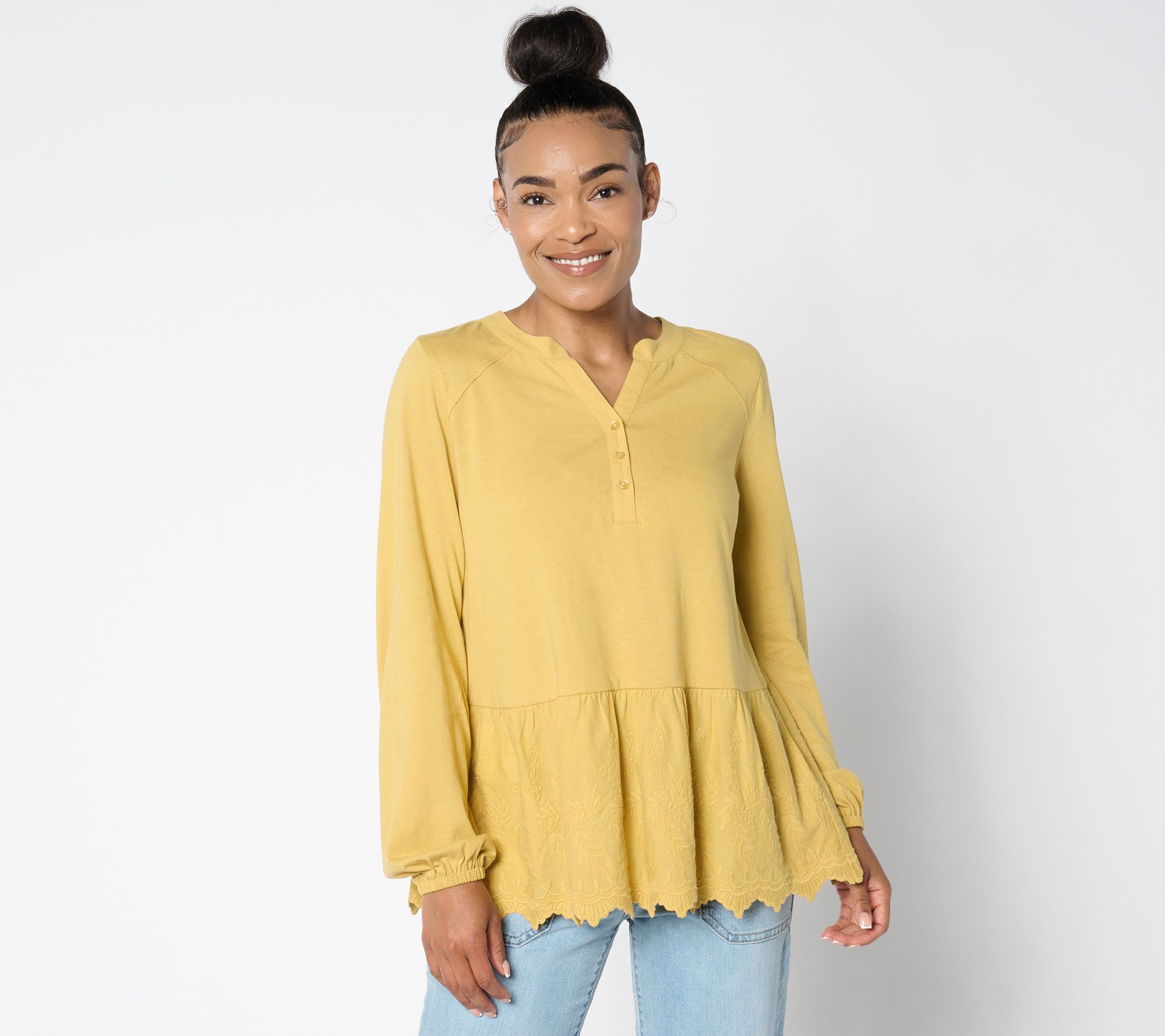 "As Is" LOGO Lavish by Lori Goldstein Split Crew Neck Eyelet Blouse