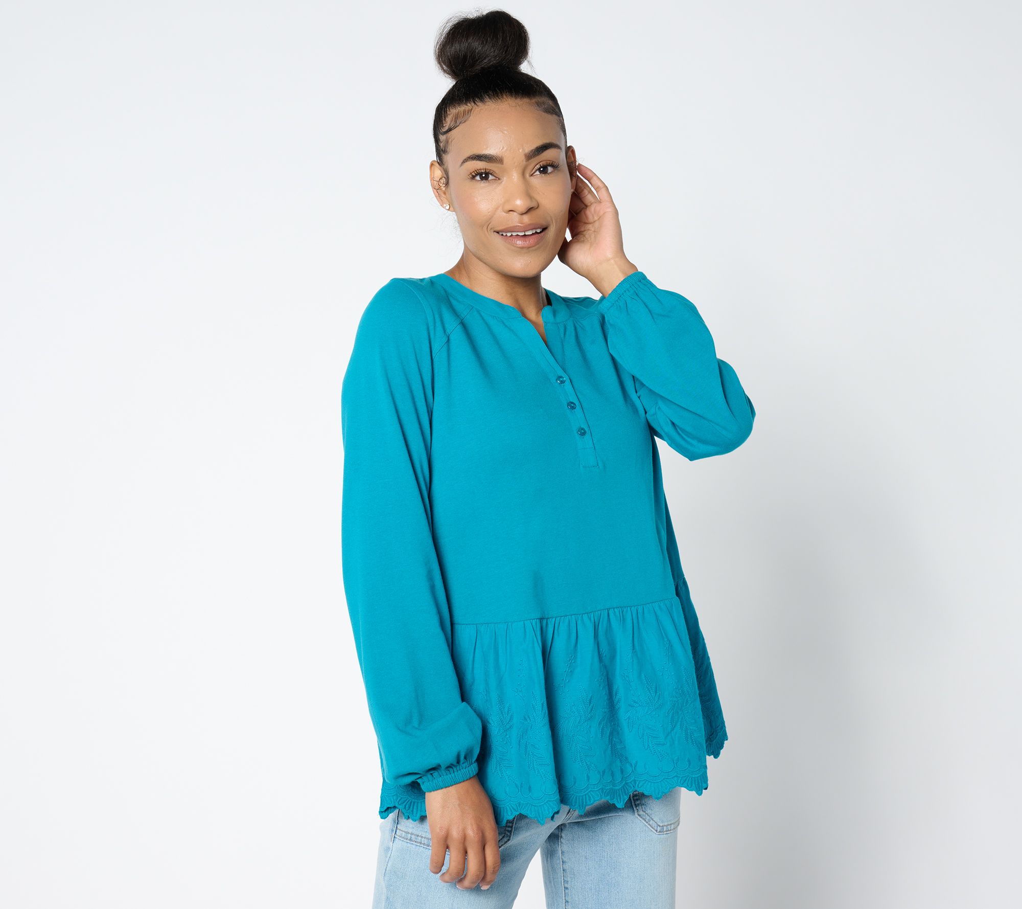 "As Is" LOGO Lavish by Lori Goldstein Split Crew Neck Eyelet Blouse