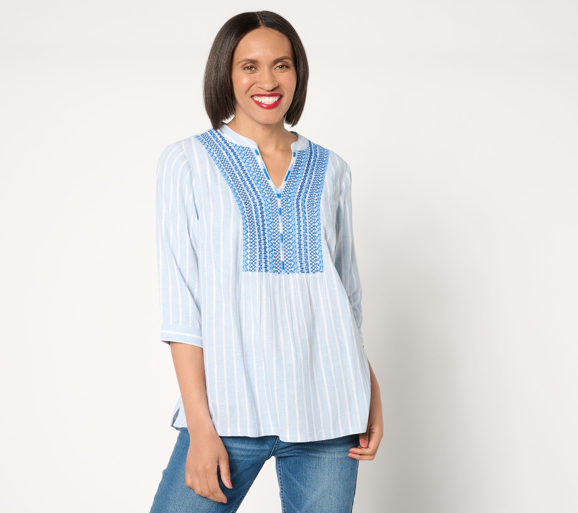 "As Is" Joan Rivers Embroidered 3/4 Sleeve Striped Linen Shirt