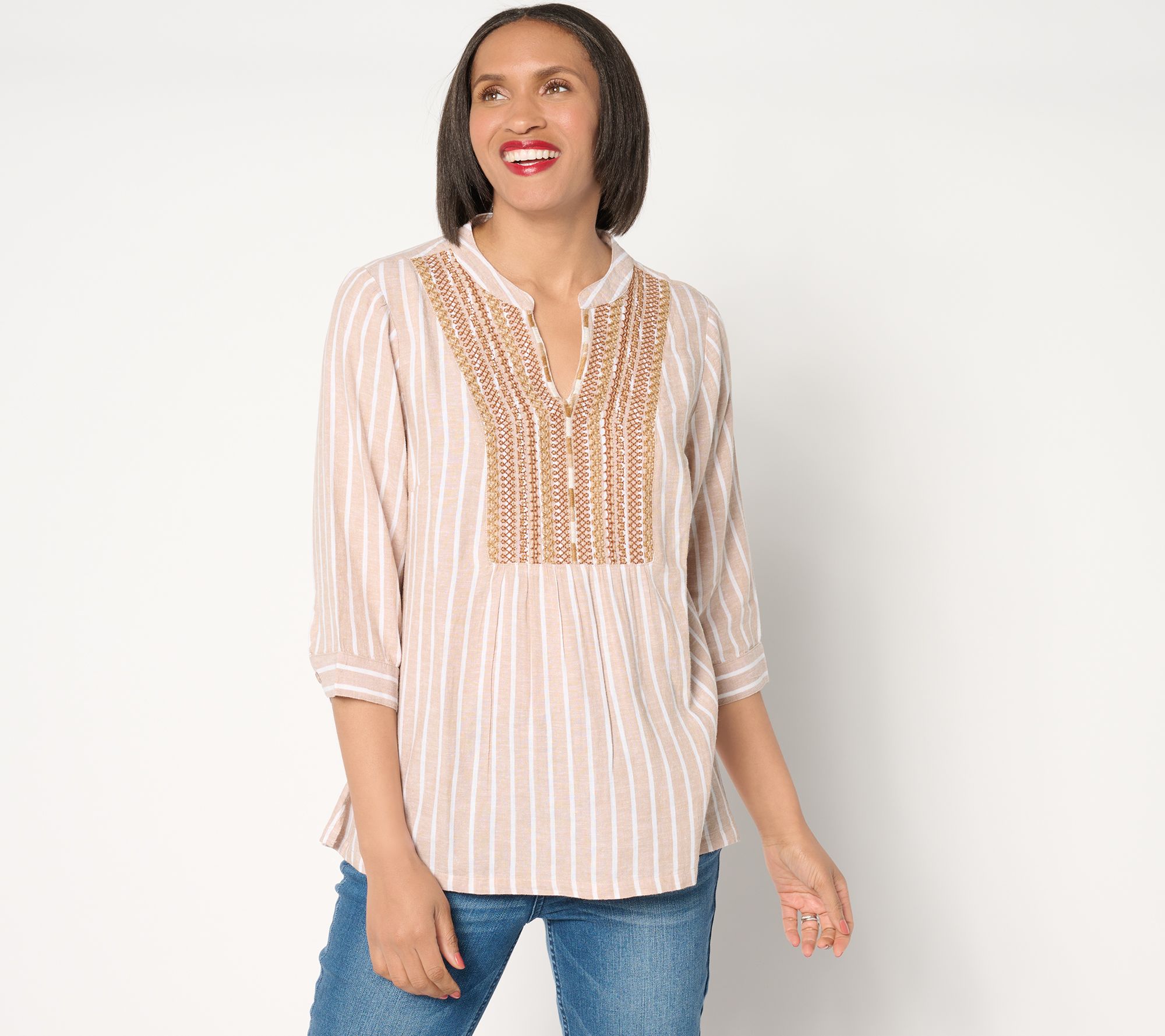 "As Is" Joan Rivers Embroidered 3/4 Sleeve Striped Linen Shirt