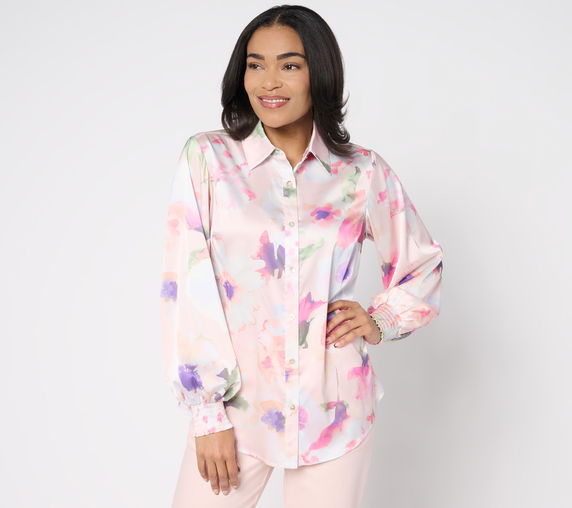 Dennis Basso Petite Printed Woven top with Blouson Sleeves