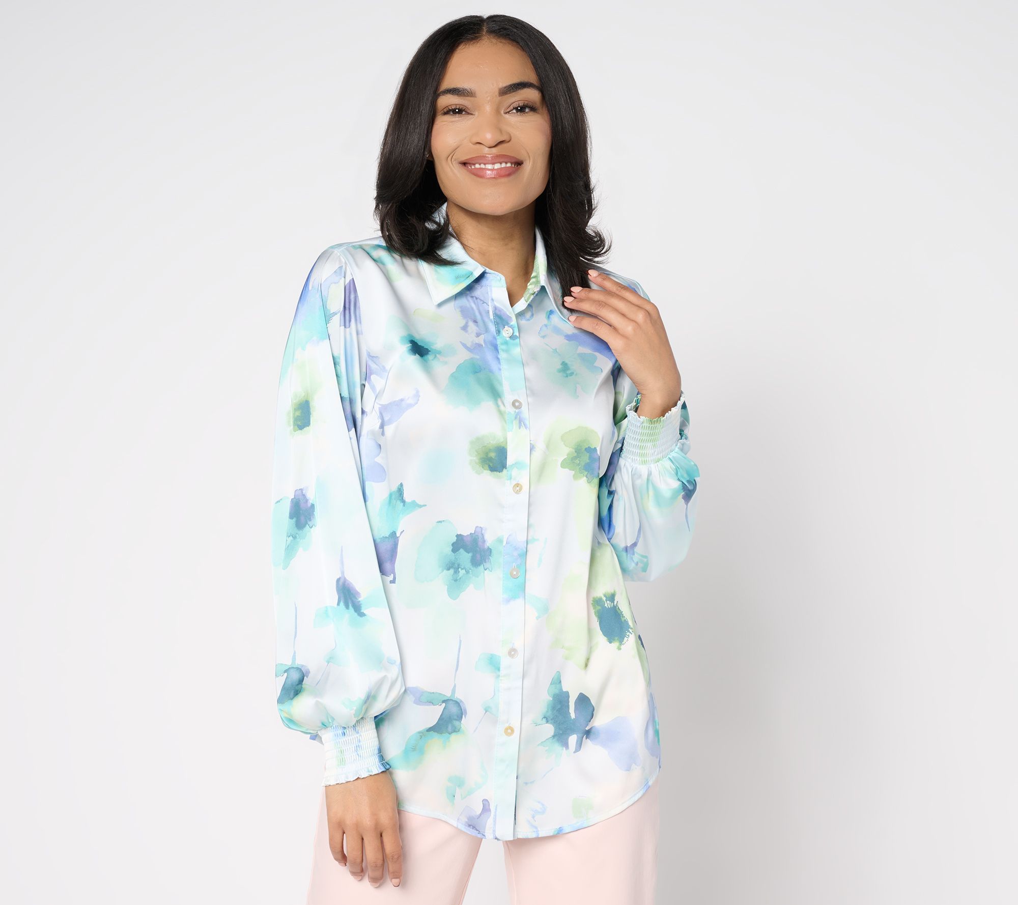 Dennis Basso Petite Printed Woven top with Blouson Sleeves