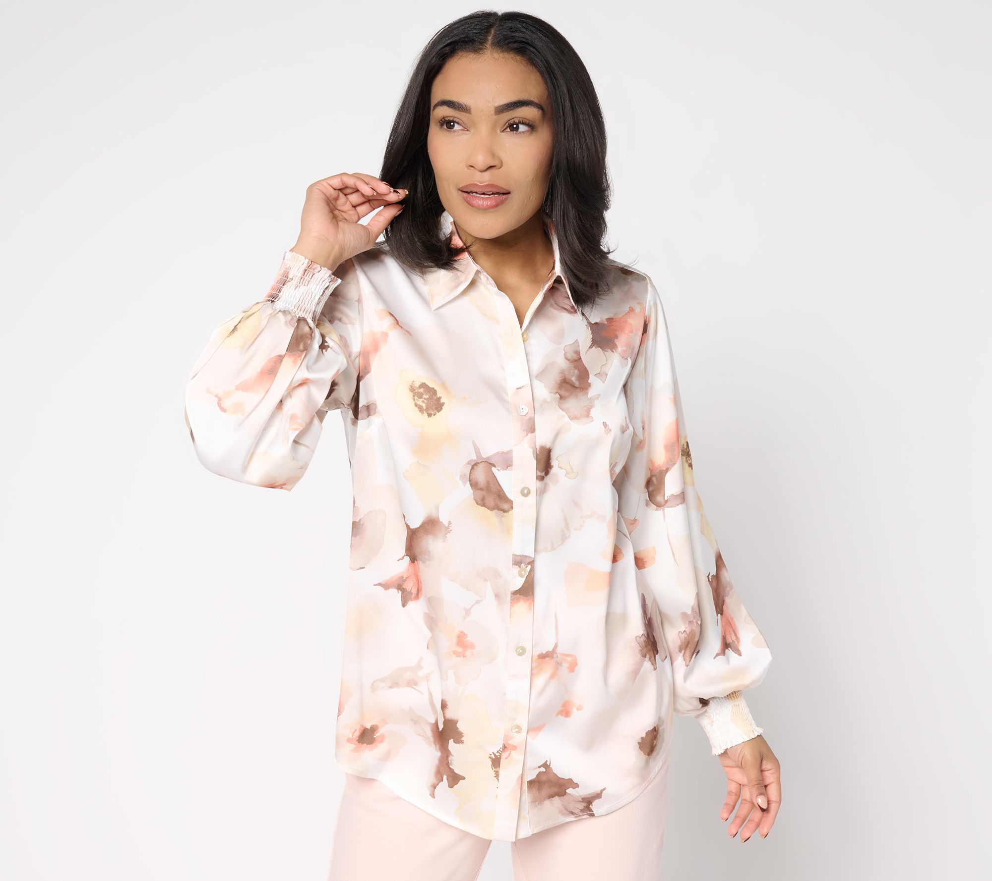 Dennis Basso Petite Printed Woven top with Blouson Sleeves