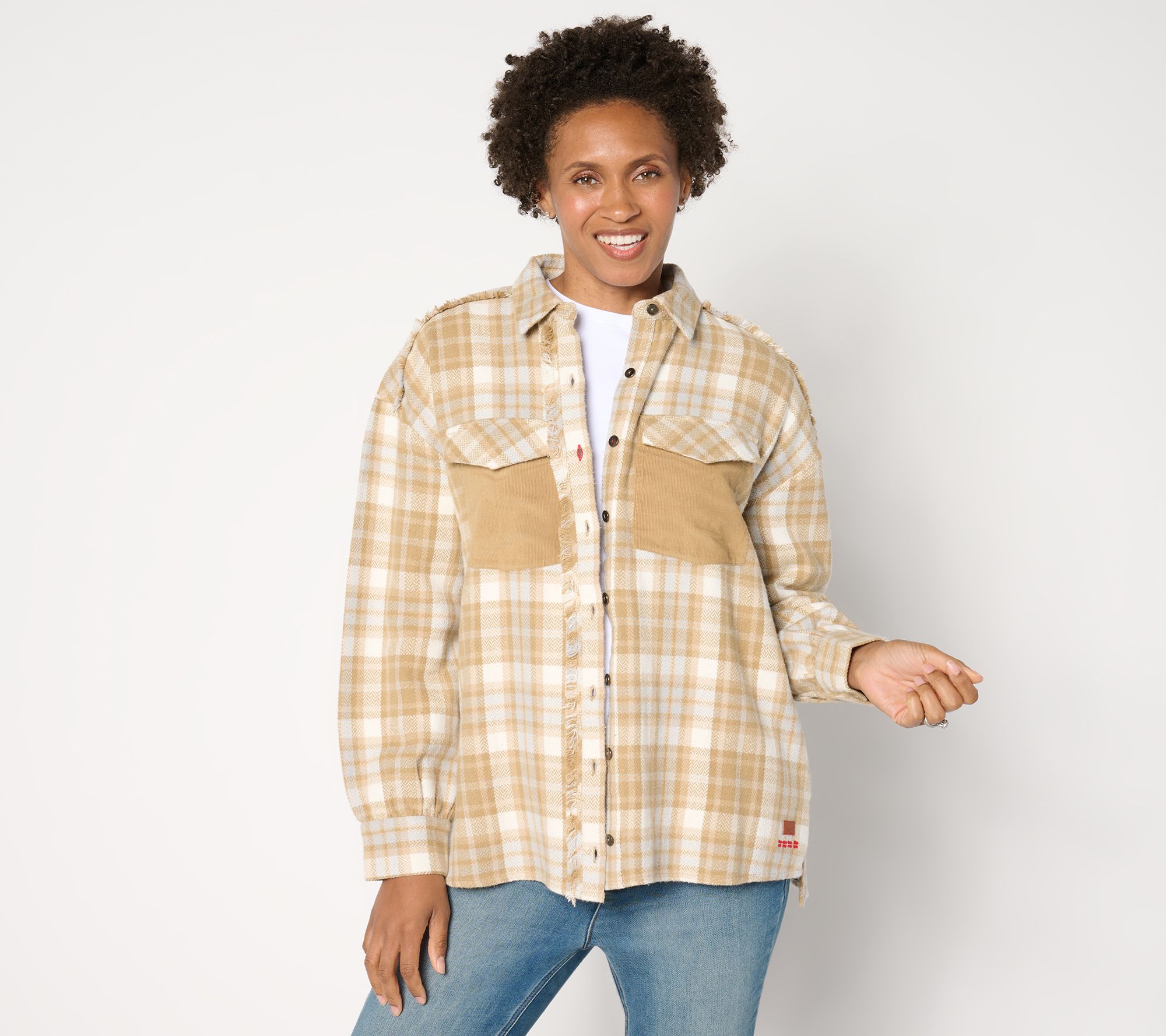 "As Is" Peace Love World Button Front Plaid Long Sleeve Shirt