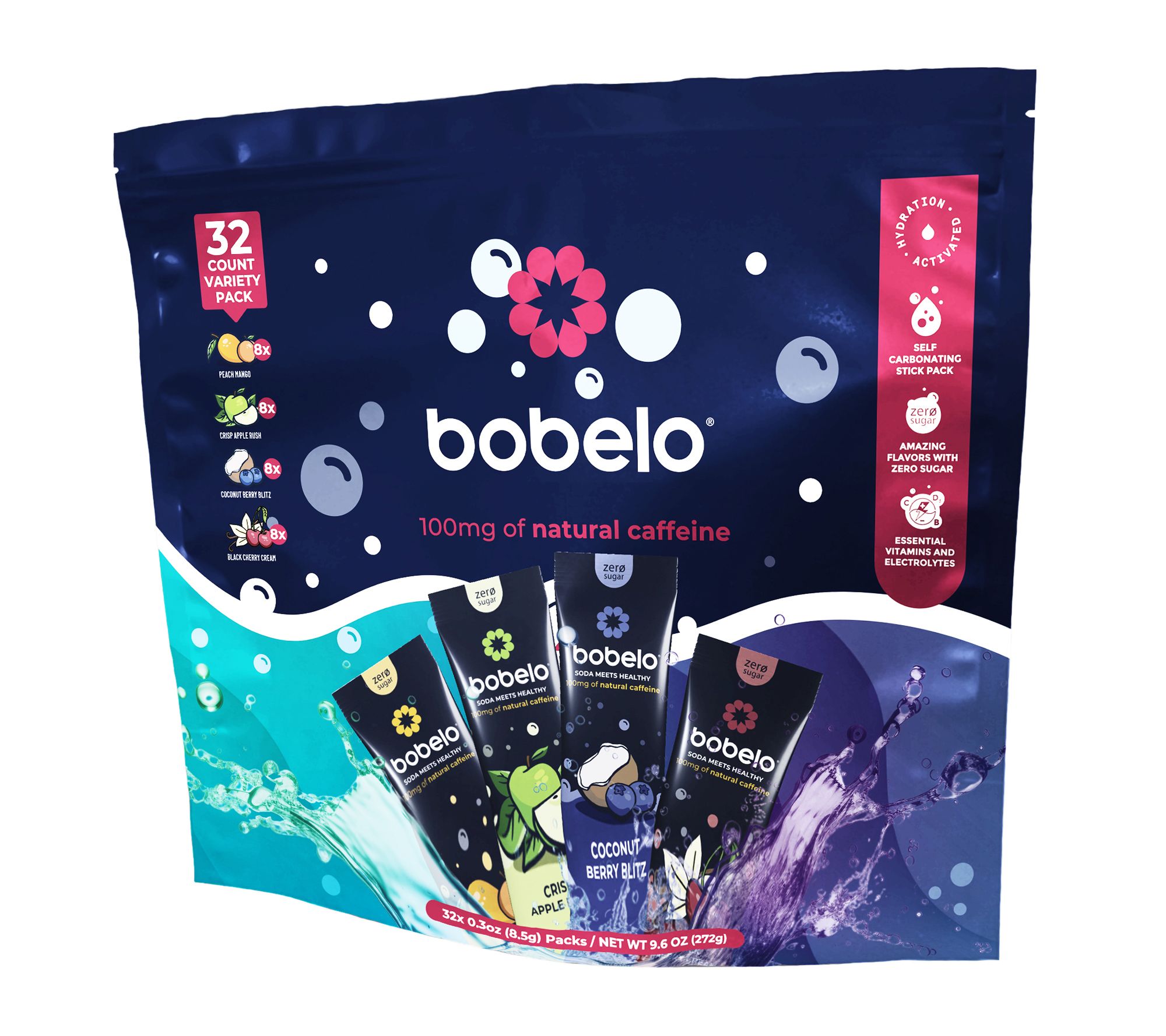 Bobelo Sparkling Hydration Pack Caffeinated 32 Servings