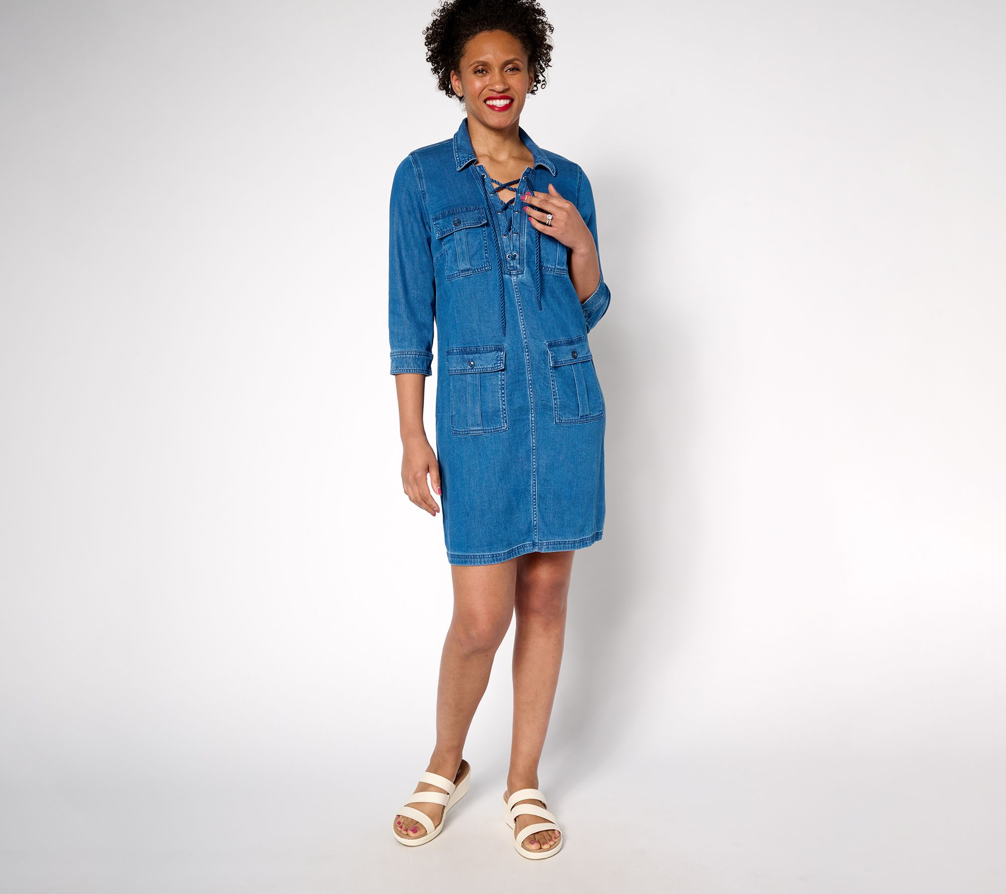 Martha Stewart Signature Petite Denim Lace Up Safari Dress