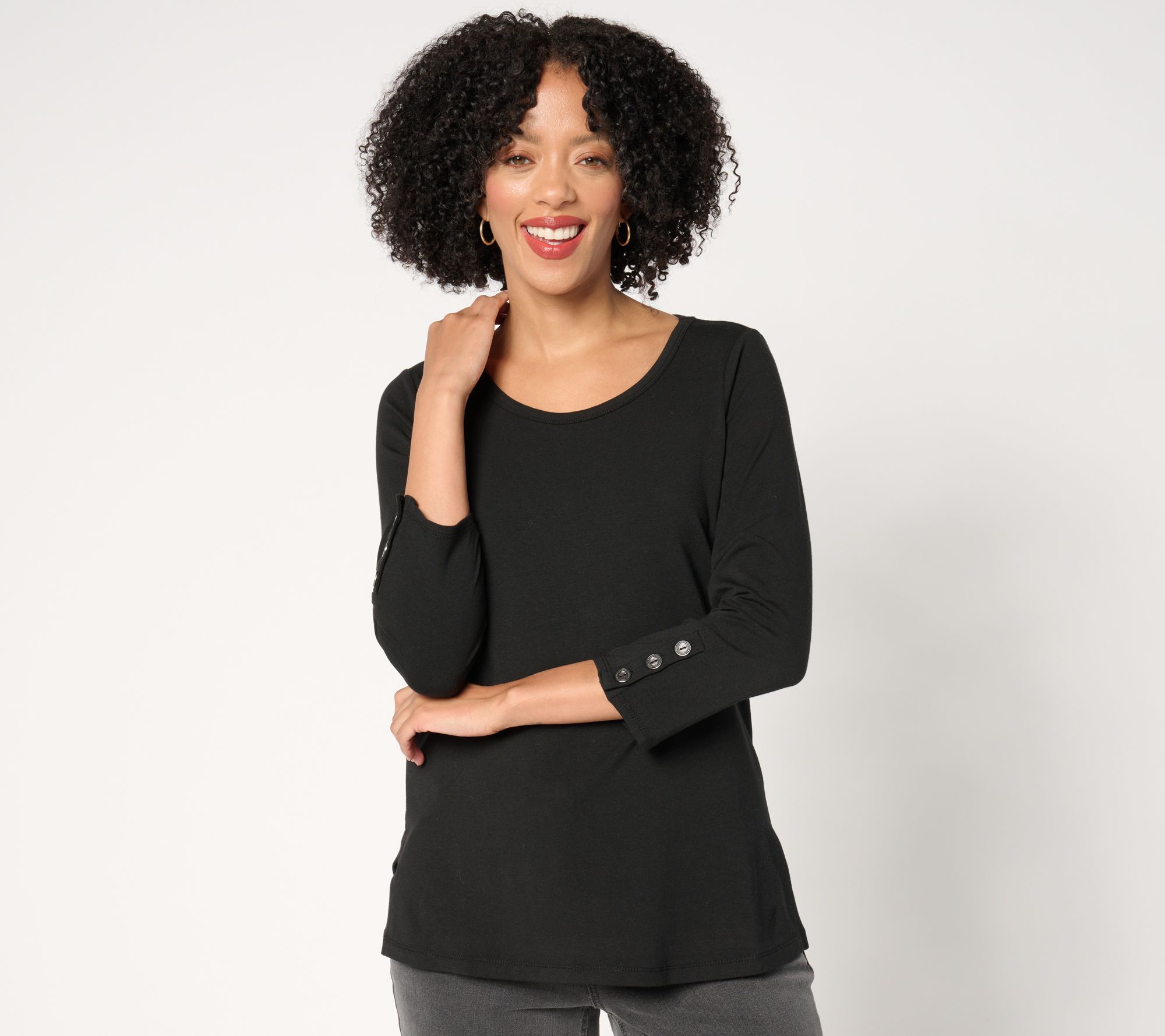 "As Is" Susan Graver Weekend Comfy Cotton 3/4-Slv Top w/ Button Detail